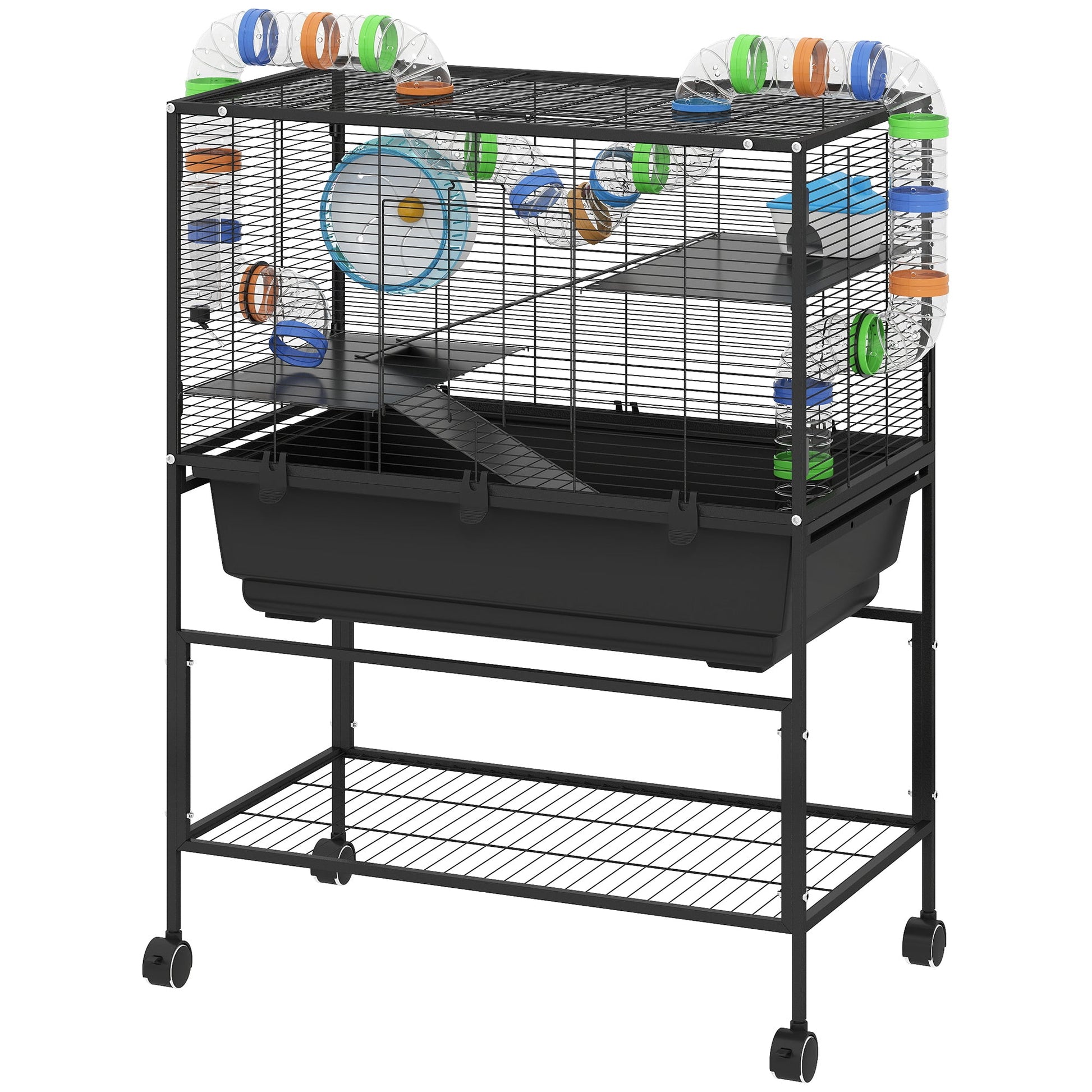 Hamster Cage, 3 Tier Large Gerbil Cage on Wheels with 17 cm Deep Tray, Storage Shelf, Big Exercise Wheel, Tube System, Hut, Platforms, Ramps, Food Dish, Water Bottle, for Syrian Hamsters, Rats
