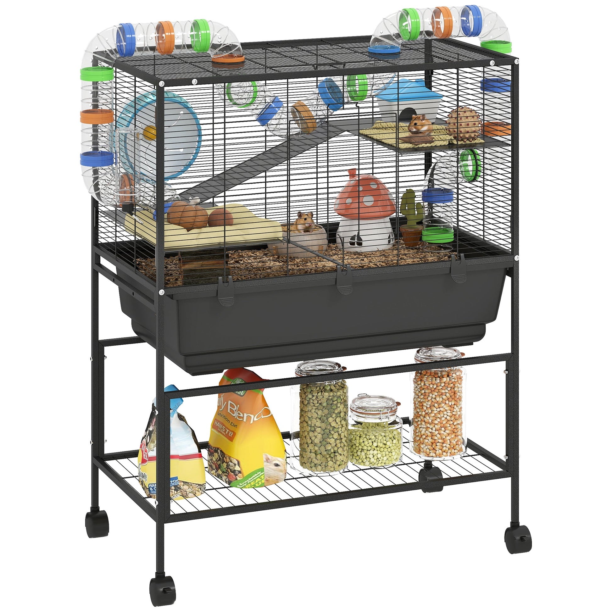 Hamster Cage, 3 Tier Large Gerbil Cage on Wheels with 17 cm Deep Tray, Storage Shelf, Big Exercise Wheel, Tube System, Hut, Platforms, Ramps, Food Dish, Water Bottle, for Syrian Hamsters, Rats