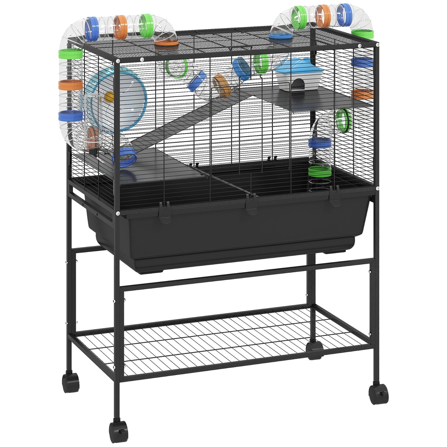 Hamster Cage, 3 Tier Large Gerbil Cage on Wheels with 17 cm Deep Tray, Storage Shelf, Big Exercise Wheel, Tube System, Hut, Platforms, Ramps, Food Dish, Water Bottle, for Syrian Hamsters, Rats