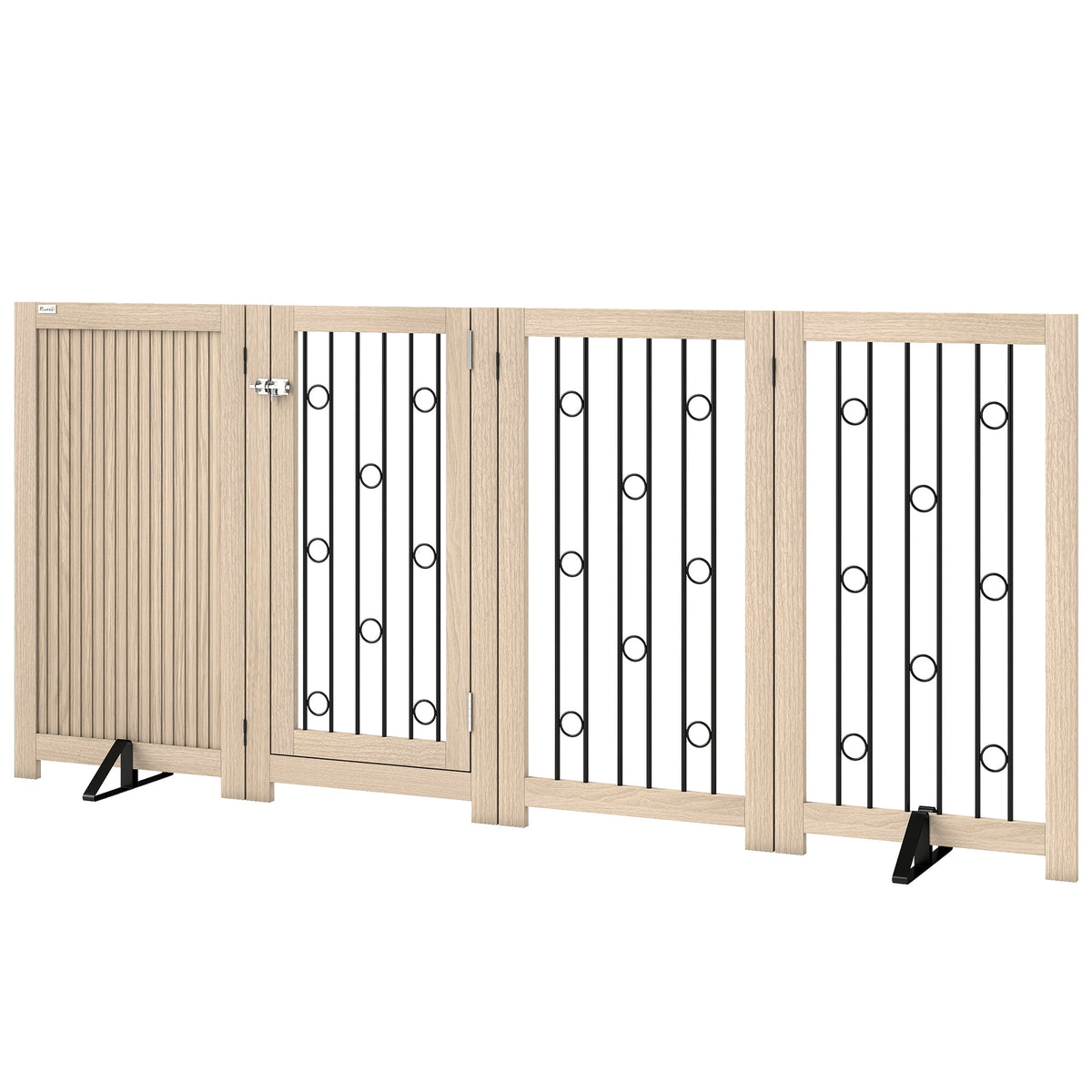 Freestanding Pet Gate, Foldable Dog Gate with Lockable Door, Metal Support Feet & 360° Flexible Hinges, 4 Panel Indoor Dog Barrier for House, Stairs, Doorway, 205 x 30.5 x 91.5 cm, Oak