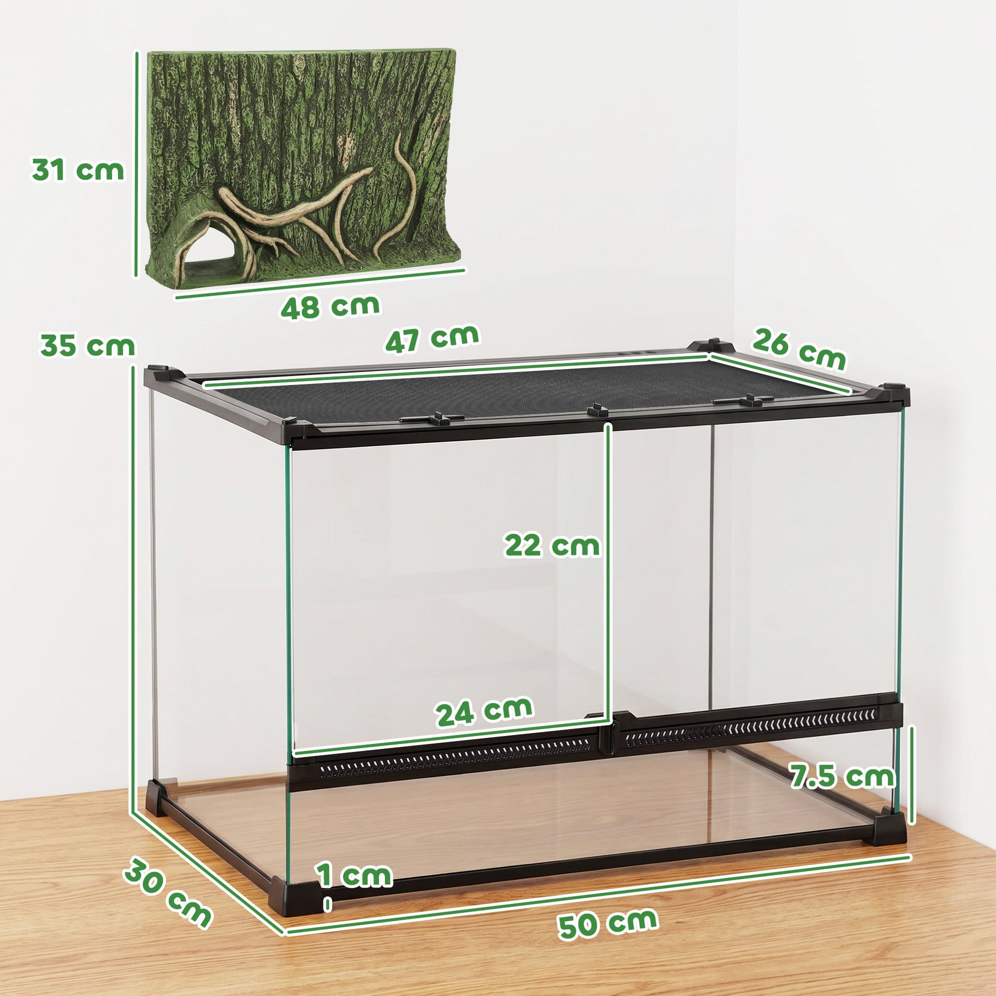Reptile Glass Terrarium, Reptile Vivarium with Tree Bark Background, Front Ventilation, Escape-Proof Knob Lock, Glass Enclosure for Lizards, Horned Frogs, Snakes, 50 x 30 x 35 cm, Black