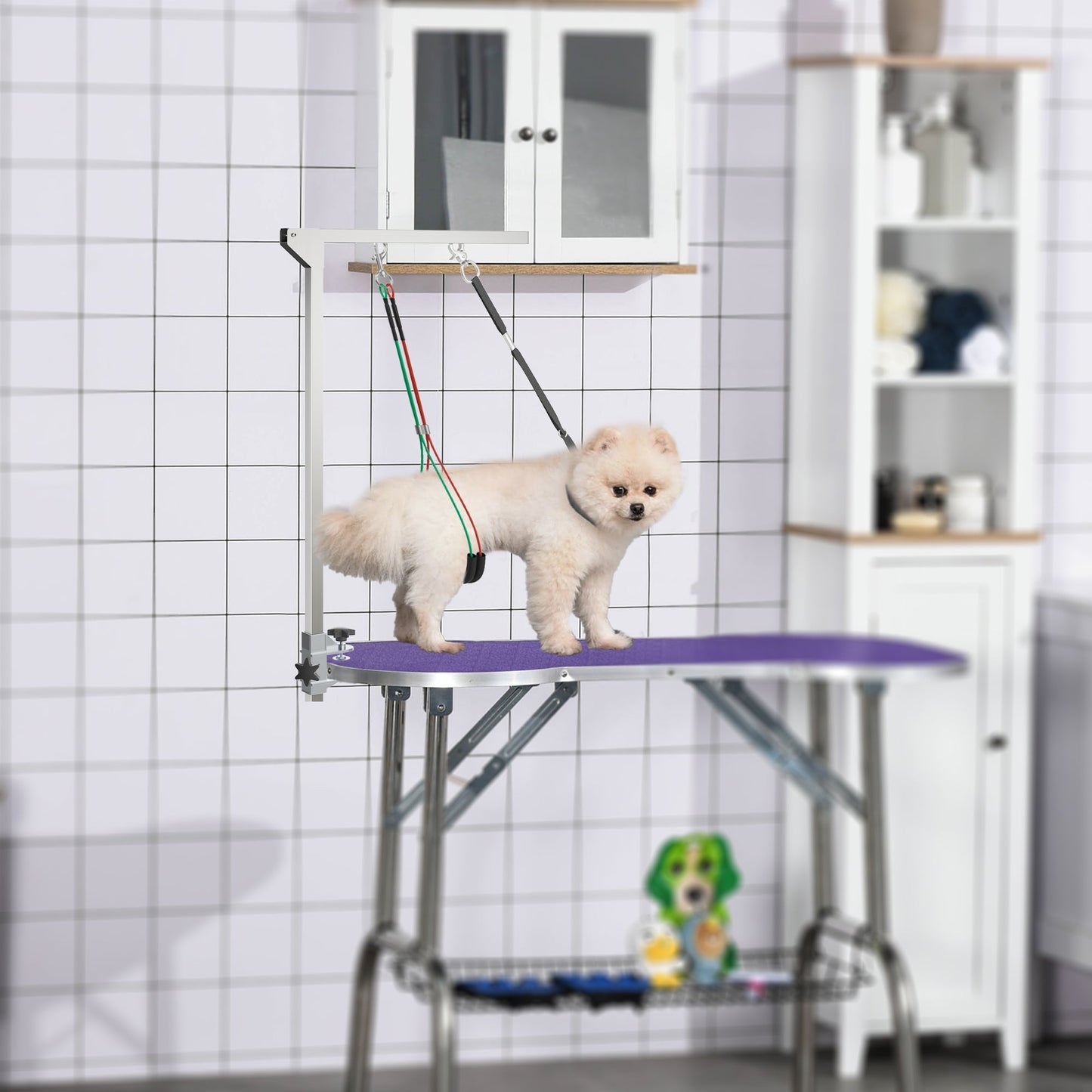 Foldable Pet Grooming Arm w/ Clamp 30 Inch Height Adjustable, Dog Grooming Loop, Two No Sit Haunch Holders for Small Medium Dogs, Sliver