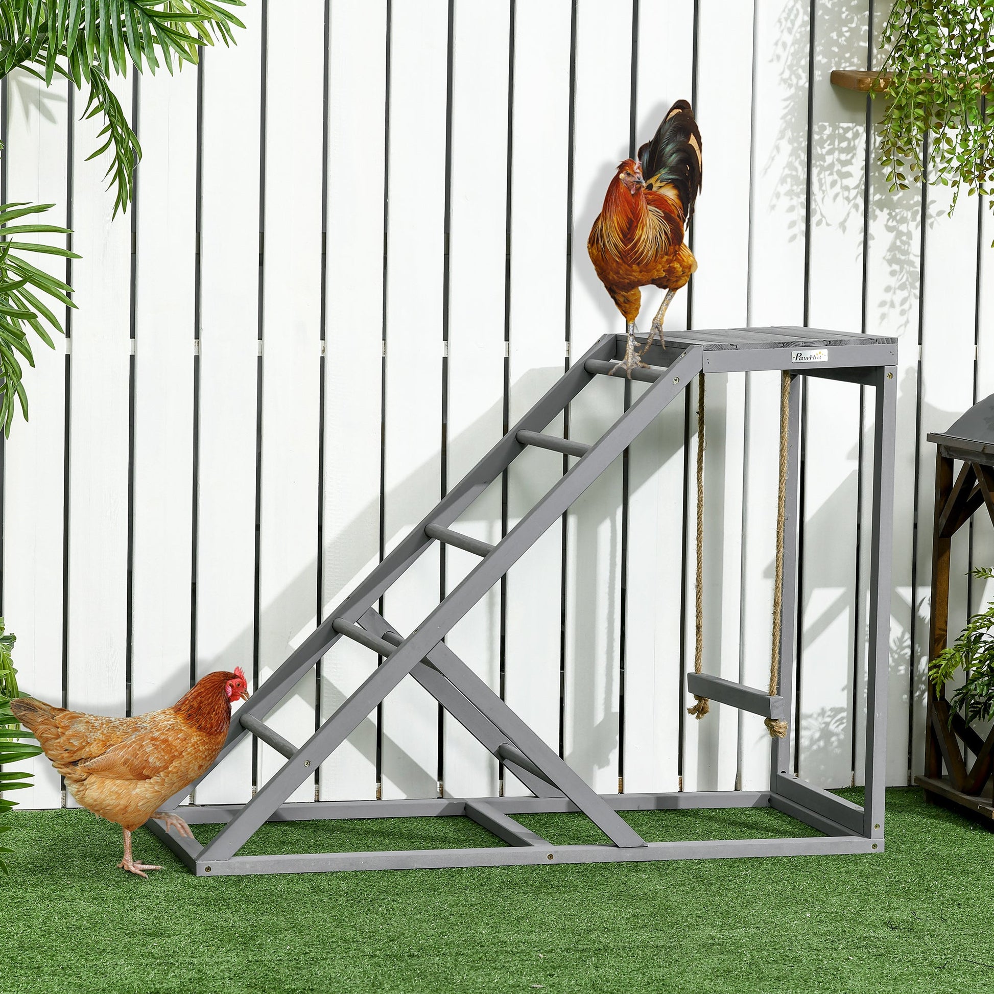 Chicken Activity Play Set with Swing, Chicken Coop Toy with Ladder, Platform for 2 Chickens, Hens, Grey