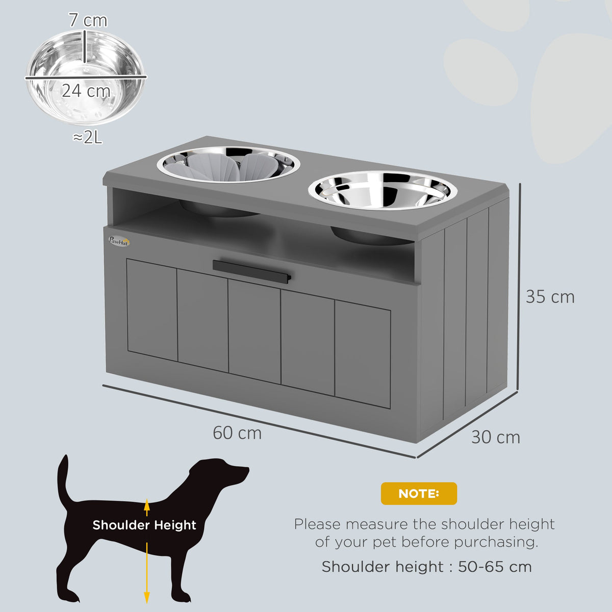 Raised Dog Bowl, Elevated Pet Bowls with Slow Feeder, Two Stainless Steel Bowls, Drawer, for Large & Extra Large Dogs, Grey
