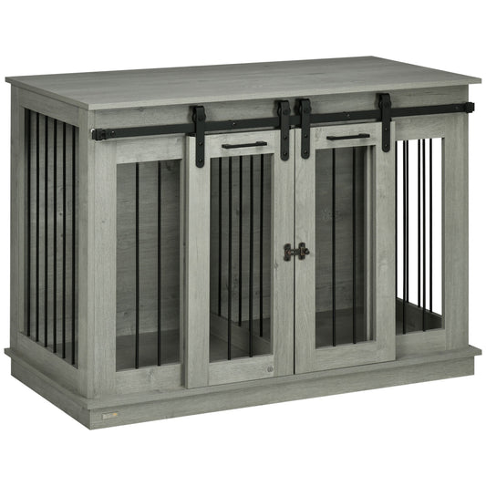 Dog Crate Furniture for Large Dog, Double Dog Cage for Small Dogs with Divider, Sliding Doors - Grey