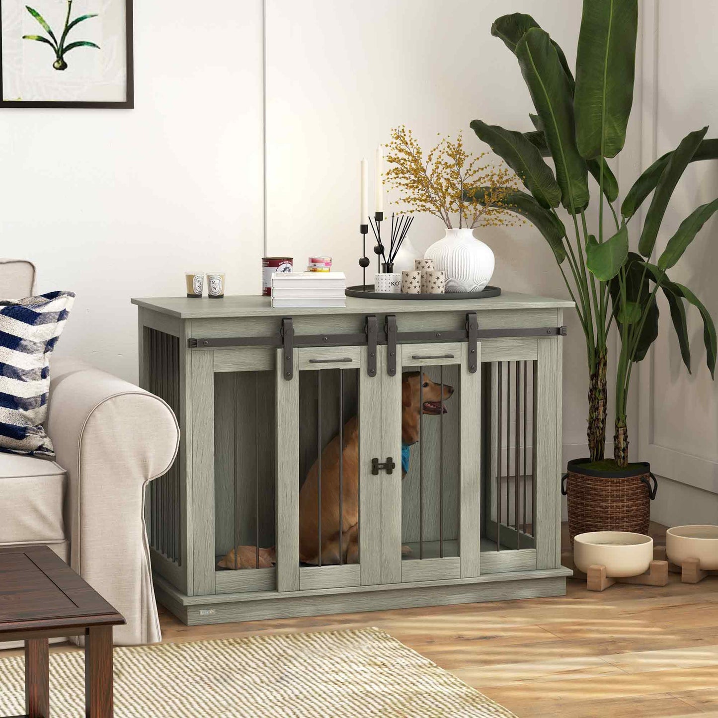 Dog Crate Furniture for Large Dog, Double Dog Cage for Small Dogs with Divider, Sliding Doors - Grey