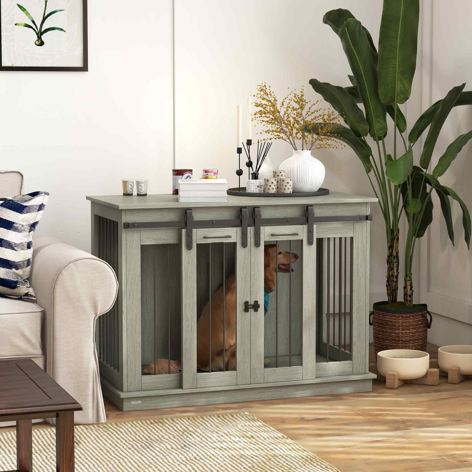 Dog Crate Furniture for Large Dog, Double Dog Cage for Small Dogs with Divider, Sliding Doors - Grey