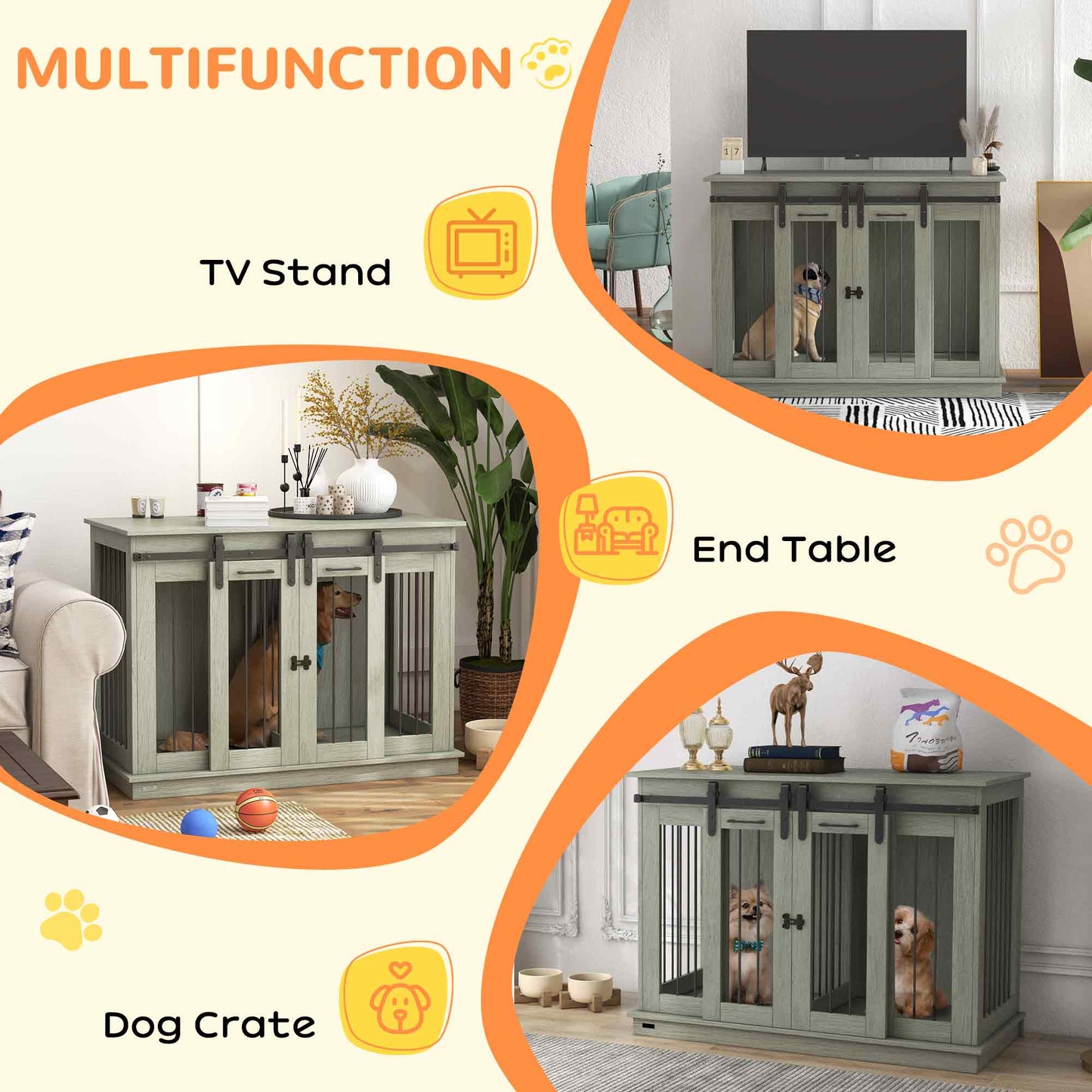 Dog Crate Furniture for Large Dog, Double Dog Cage for Small Dogs with Divider, Sliding Doors - Grey