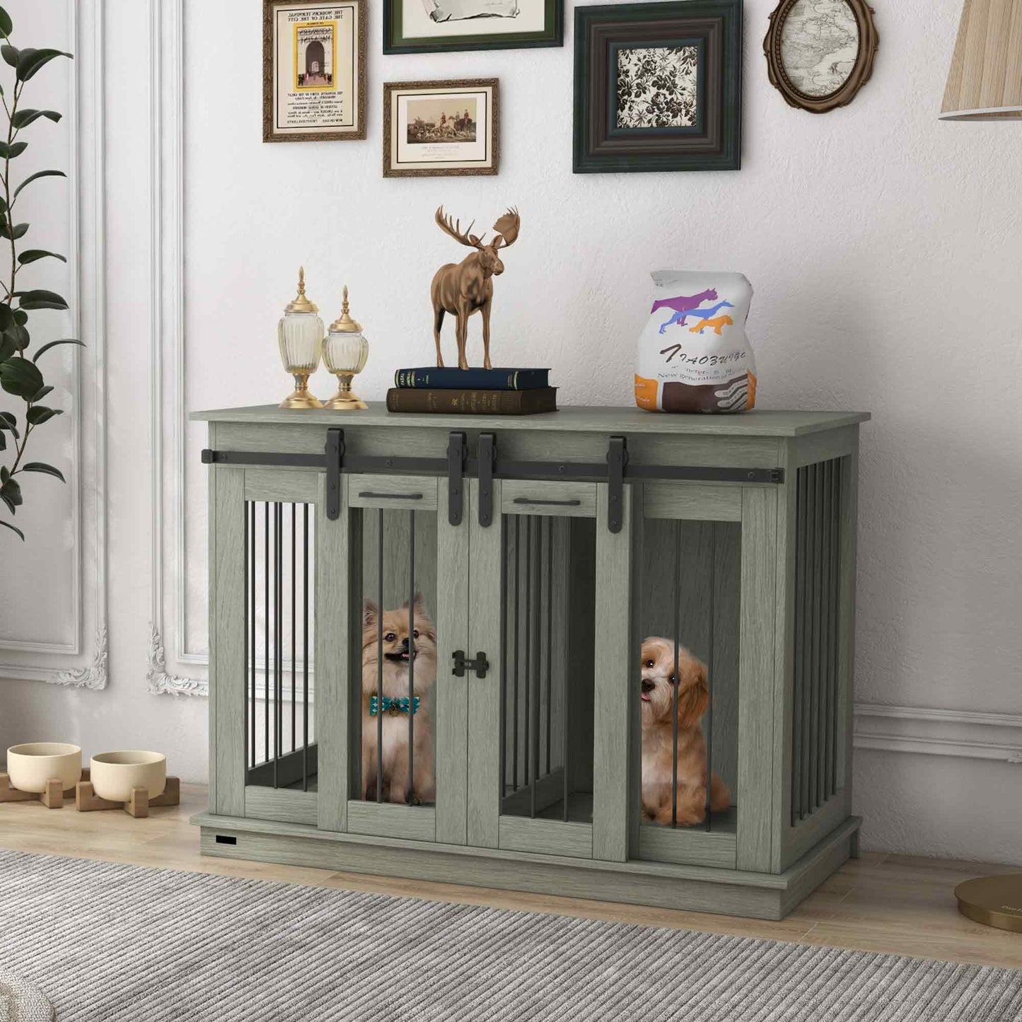 Dog Crate Furniture for Large Dog, Double Dog Cage for Small Dogs with Divider, Sliding Doors - Grey