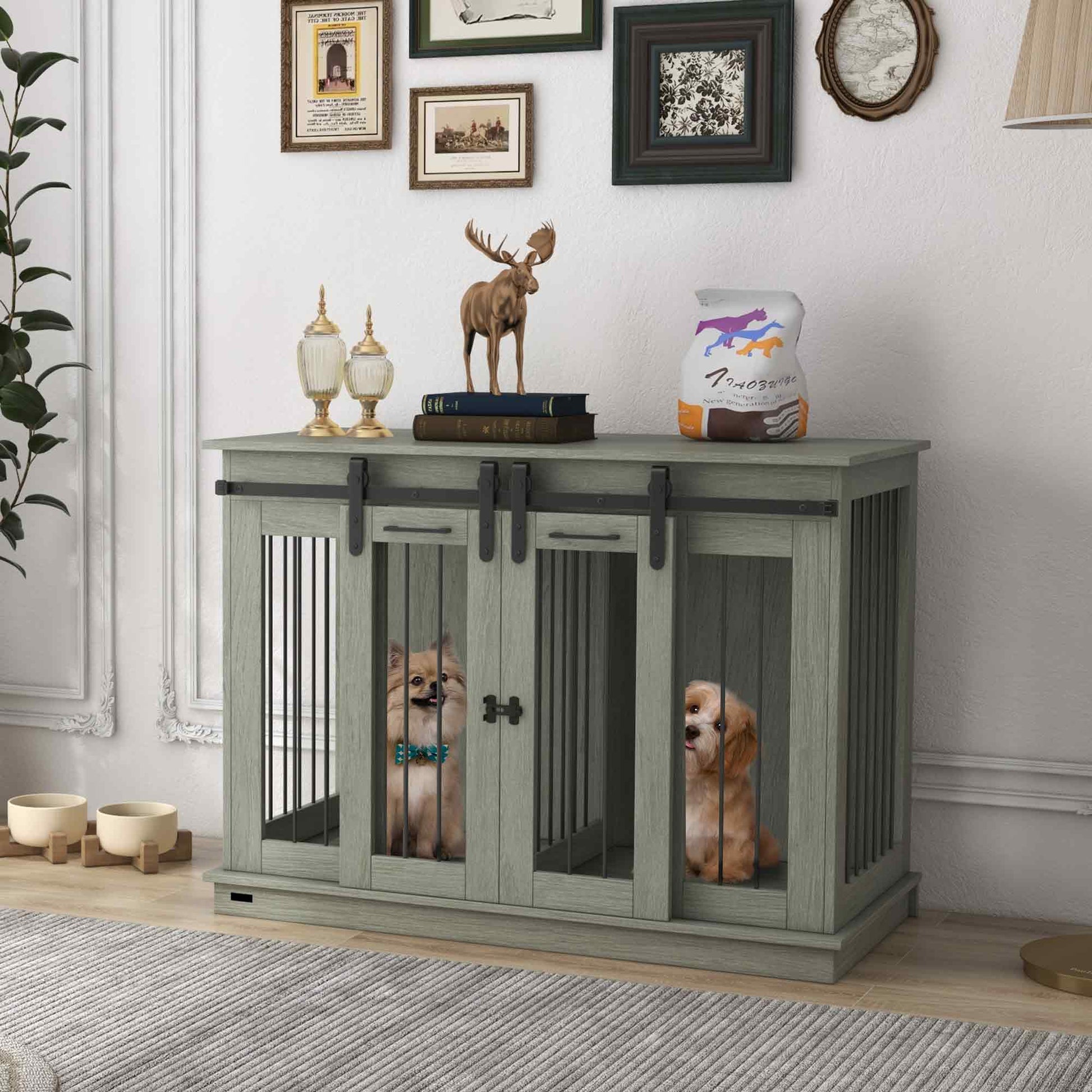 Dog Crate Furniture for Large Dog, Double Dog Cage for Small Dogs with Divider, Sliding Doors - Grey