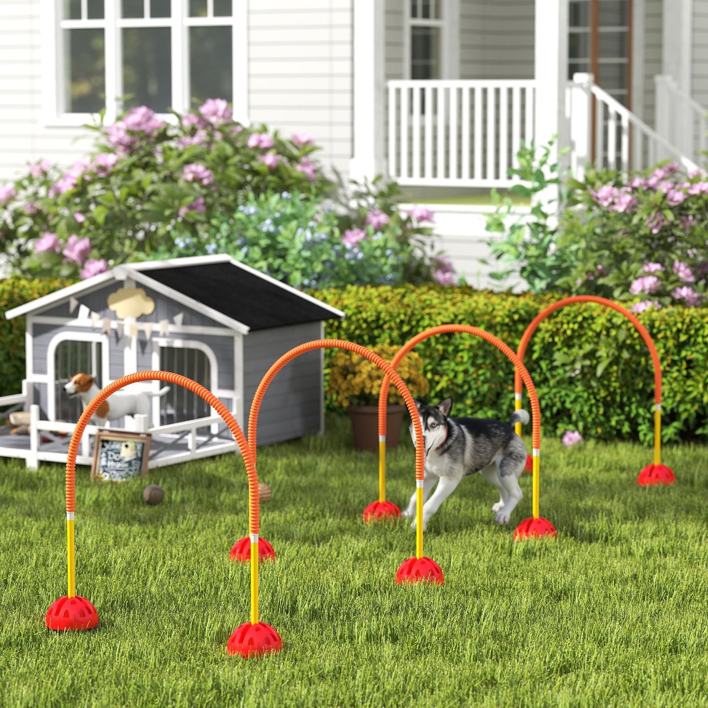4 Piece Dog Agility Training Equipment with 4 Adjustable Width Doors, Carry Bag, Easy to Assemble, Dog Obstacle Course for Garden, Orange