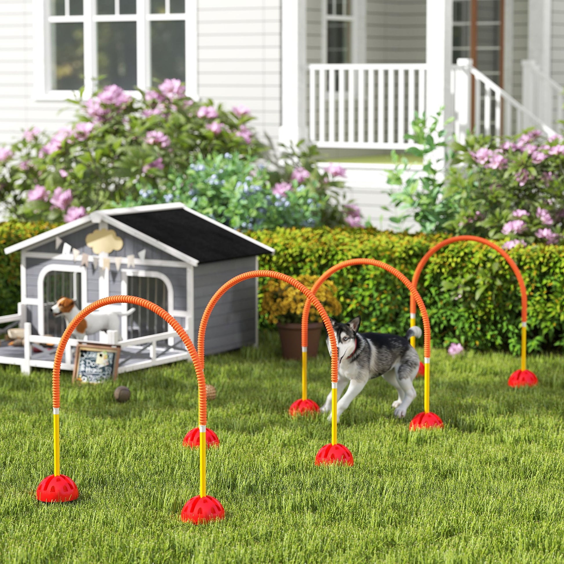 4 Piece Dog Agility Training Equipment with 4 Adjustable Width Doors, Carry Bag, Easy to Assemble, Dog Obstacle Course for Garden, Orange