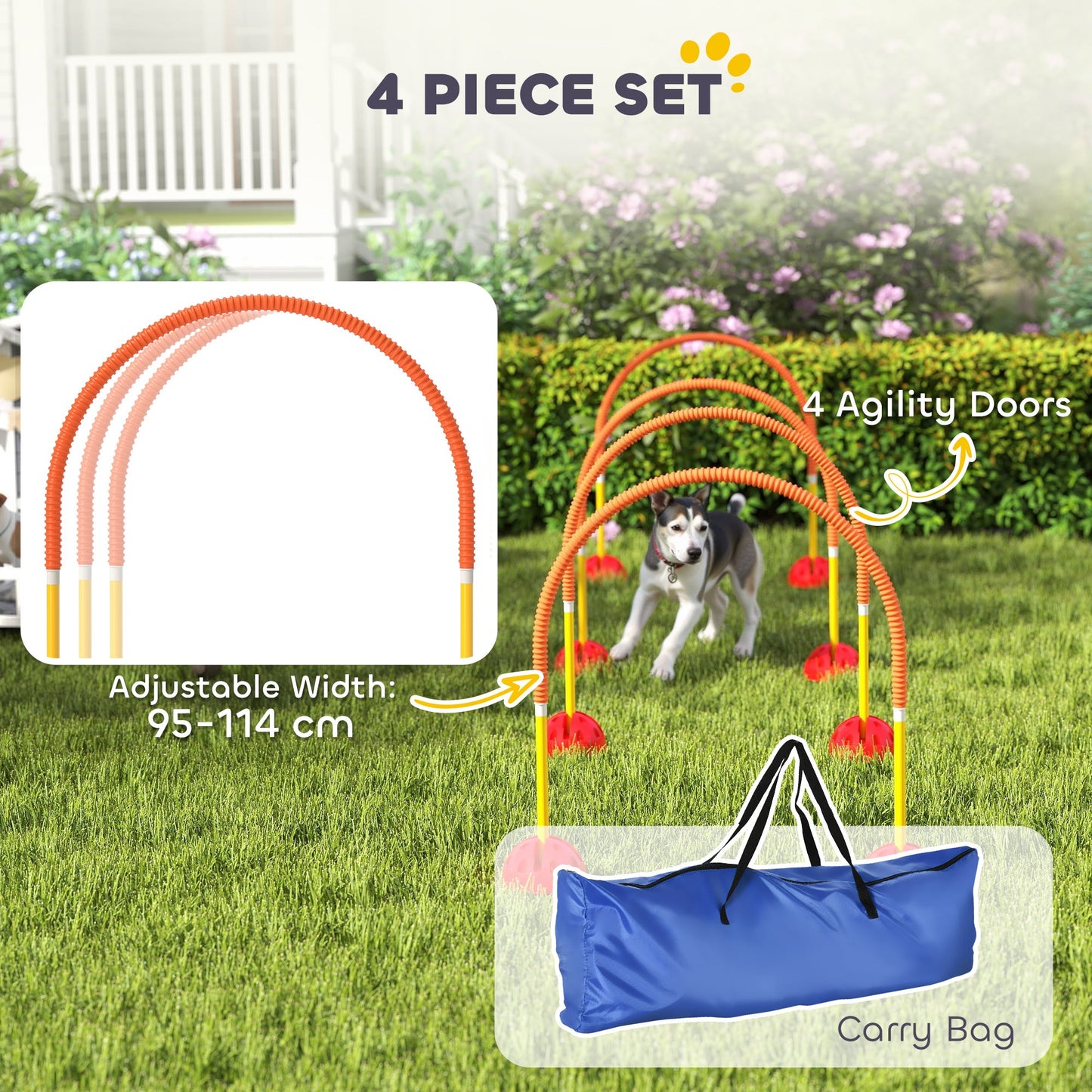 4 Piece Dog Agility Training Equipment with 4 Adjustable Width Doors, Carry Bag, Easy to Assemble, Dog Obstacle Course for Garden, Orange