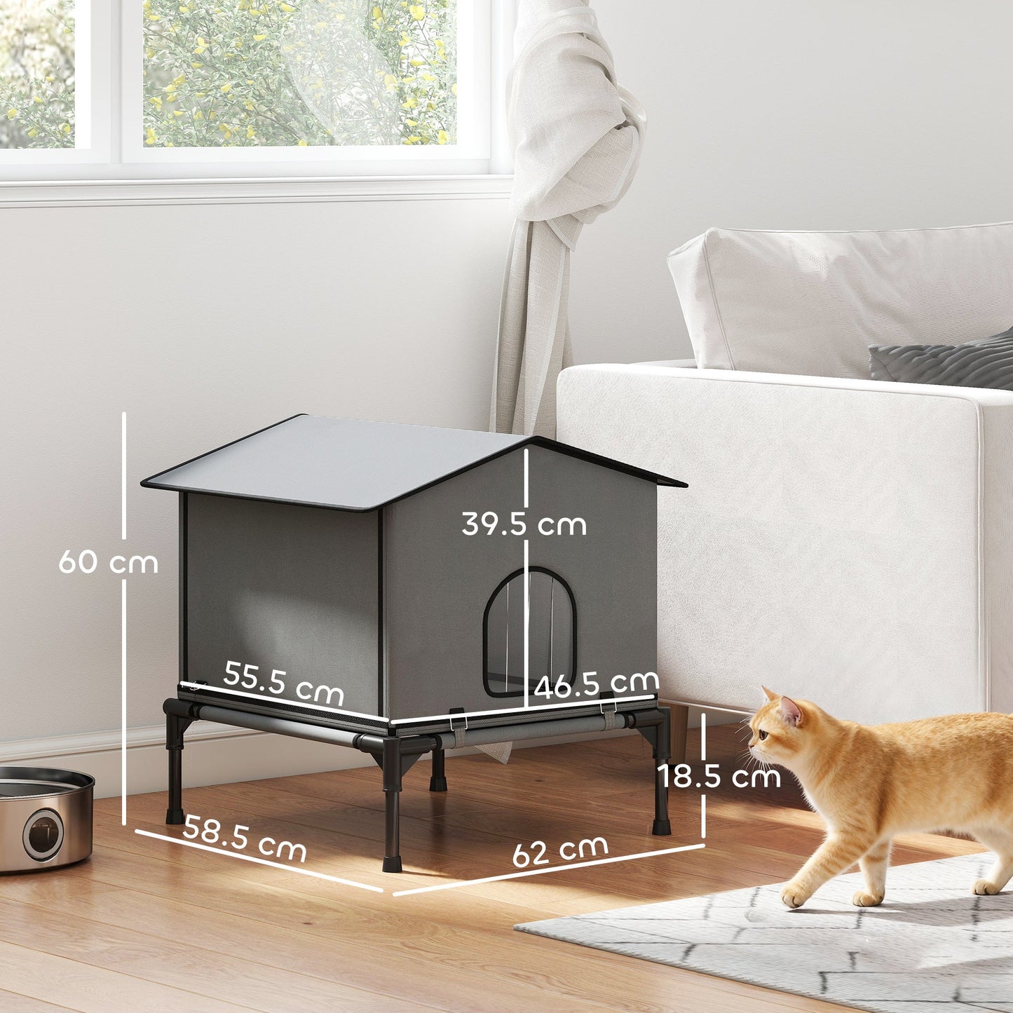 Outdoor Cat House, Waterproof Insulated Cat Kennel with Elevated Base, Cushion, Foldable Feral Kitty Shelter for Indoor Outdoor Kittens, Grey