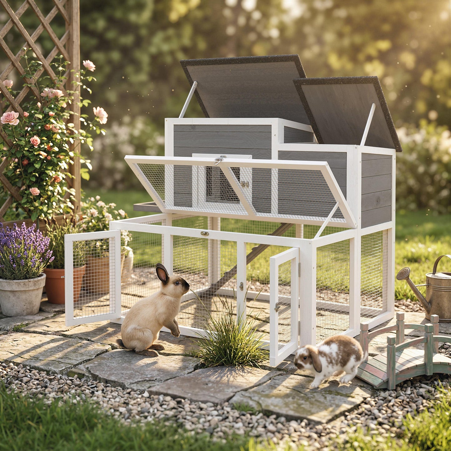Wooden Rabbit Hutch, Indoor Outdoor Bunny Cage with Waterproof & Openable Roof, Pull Out Tray and Ramp, Guinea Pig Hutch for 1-2 Rabbits, 97 x 75.5 x 90 cm, Grey
