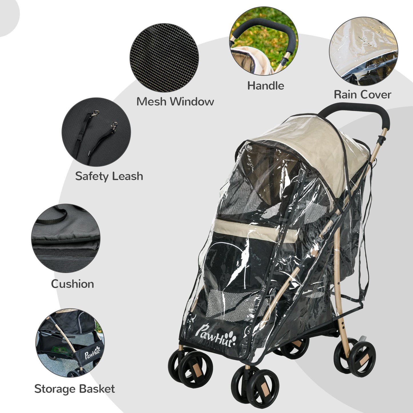 Dog Stroller with Rain Cover, Foldable Dog Pram, 4 Wheels Pet Pushchair with Safety Leashes, for Small, Miniature Dogs, Cats - Khaki