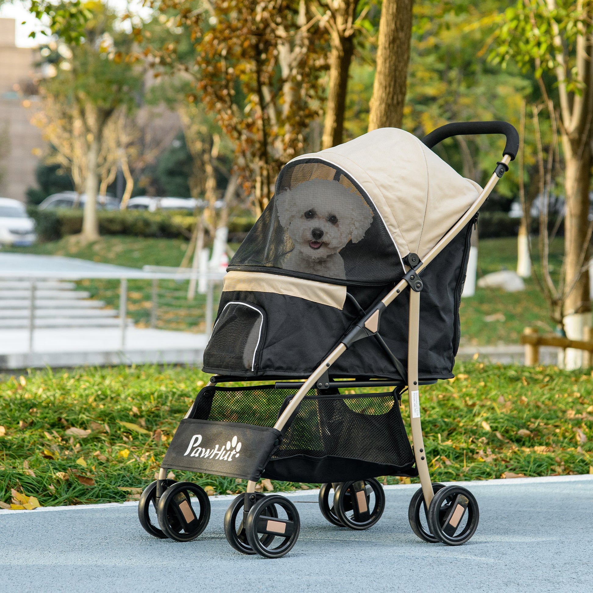 Dog Stroller with Rain Cover, Foldable Dog Pram, 4 Wheels Pet Pushchair with Safety Leashes, for Small, Miniature Dogs, Cats - Khaki