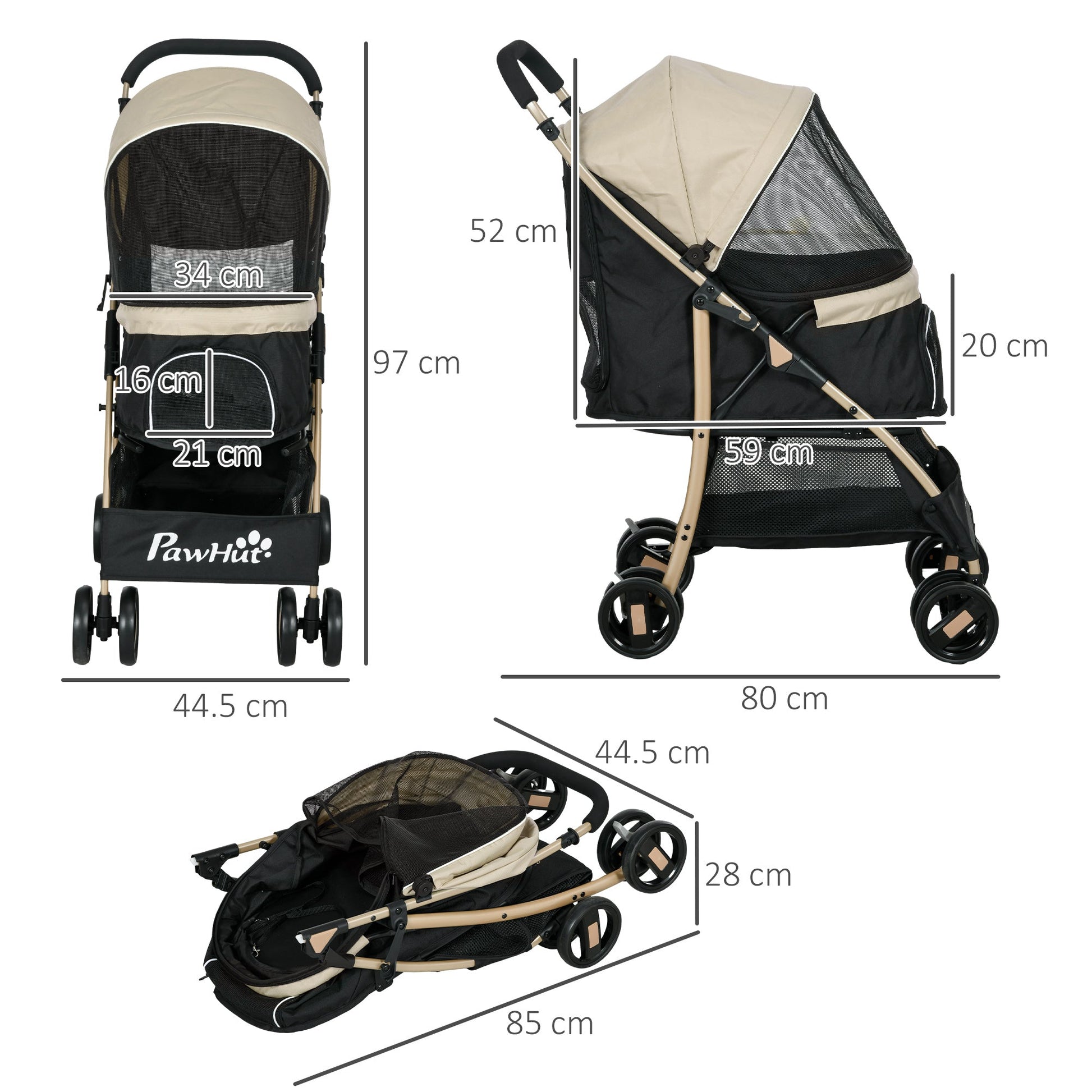 Dog Stroller with Rain Cover, Foldable Dog Pram, 4 Wheels Pet Pushchair with Safety Leashes, for Small, Miniature Dogs, Cats - Khaki