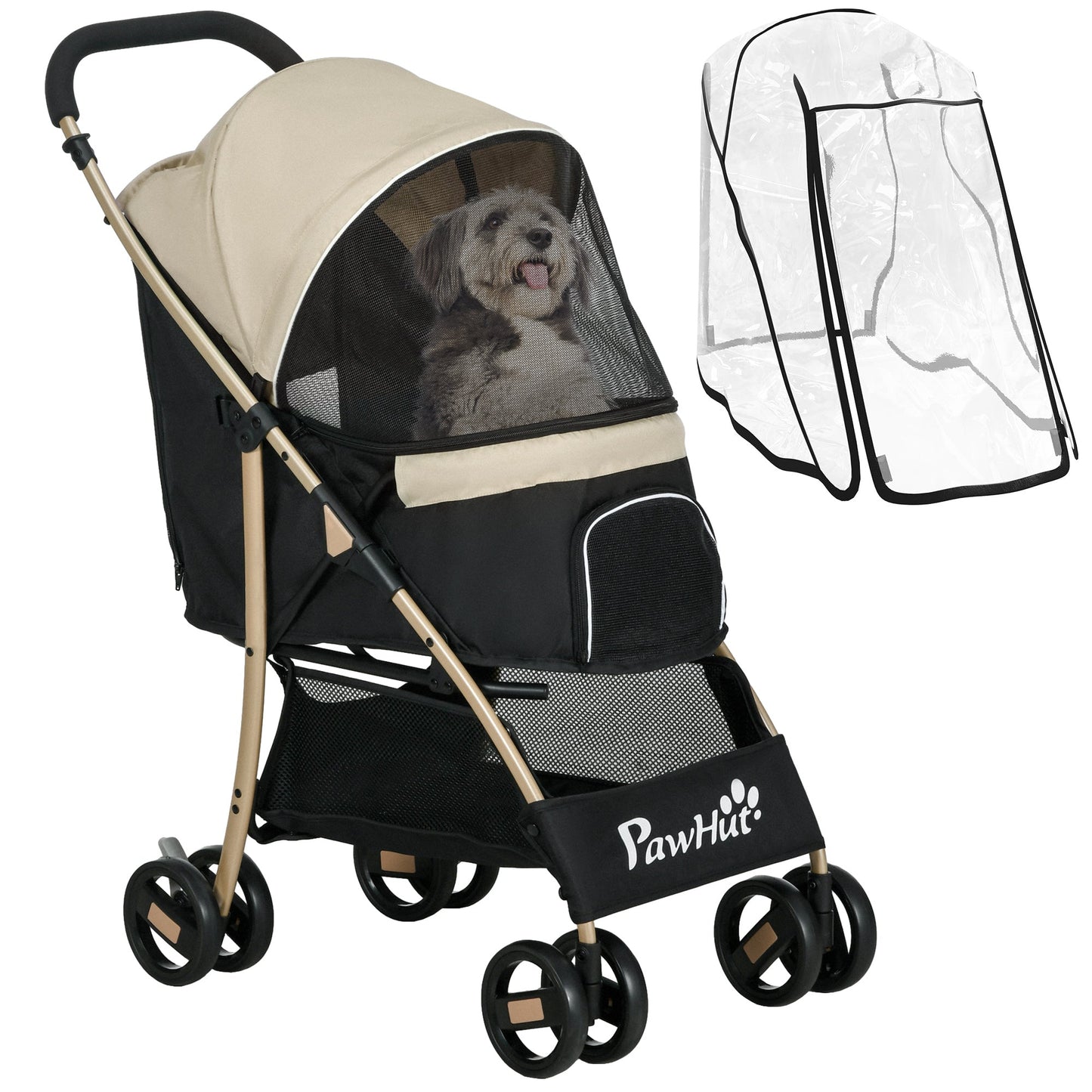 Dog Stroller with Rain Cover, Foldable Dog Pram, 4 Wheels Pet Pushchair with Safety Leashes, for Small, Miniature Dogs, Cats - Khaki