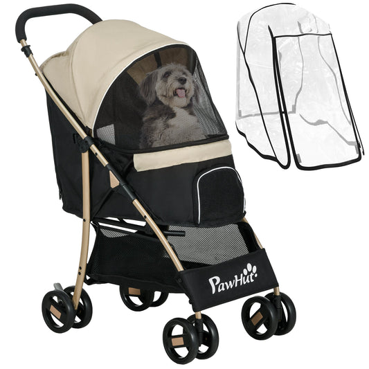 Dog Stroller with Rain Cover, Foldable Dog Pram, 4 Wheels Pet Pushchair with Safety Leashes, for Small, Miniature Dogs, Cats - Khaki