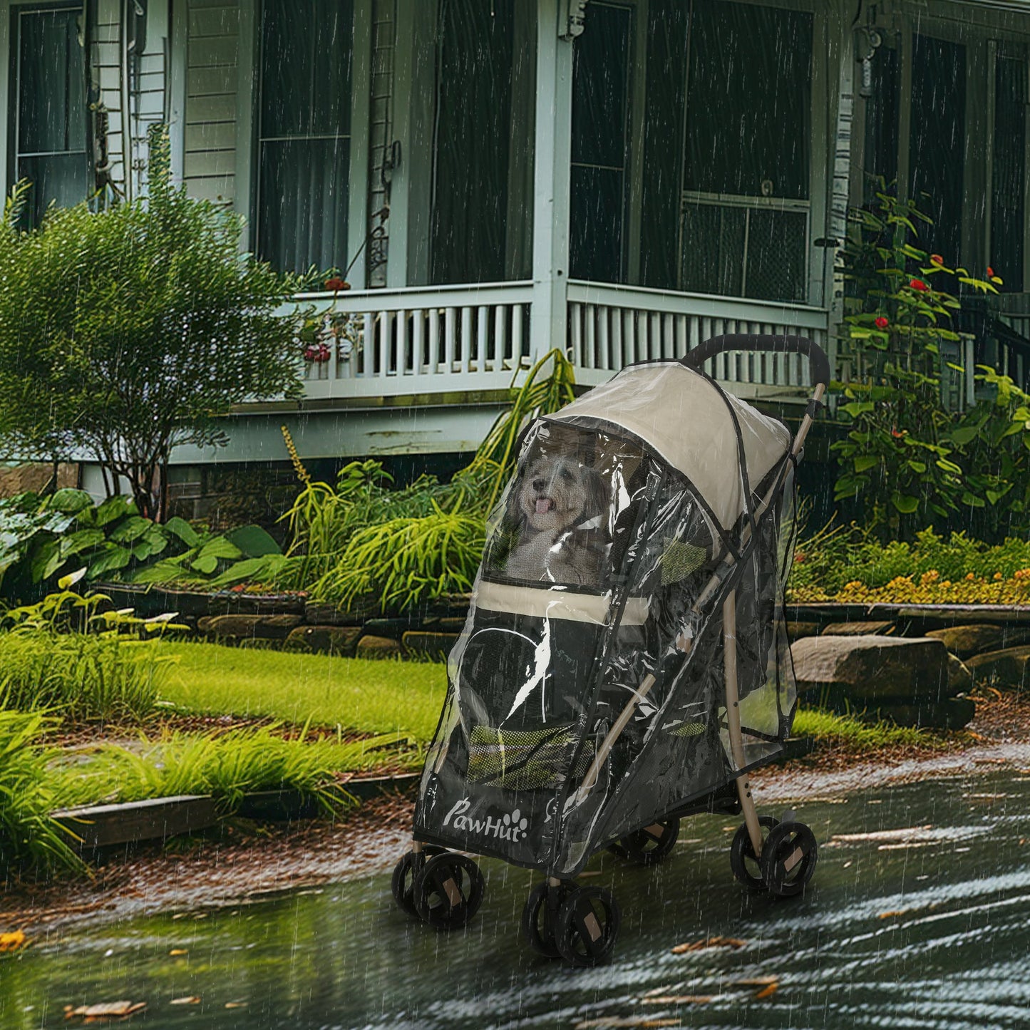 Dog Stroller with Rain Cover, Foldable Dog Pram, 4 Wheels Pet Pushchair with Safety Leashes, for Small, Miniature Dogs, Cats - Khaki