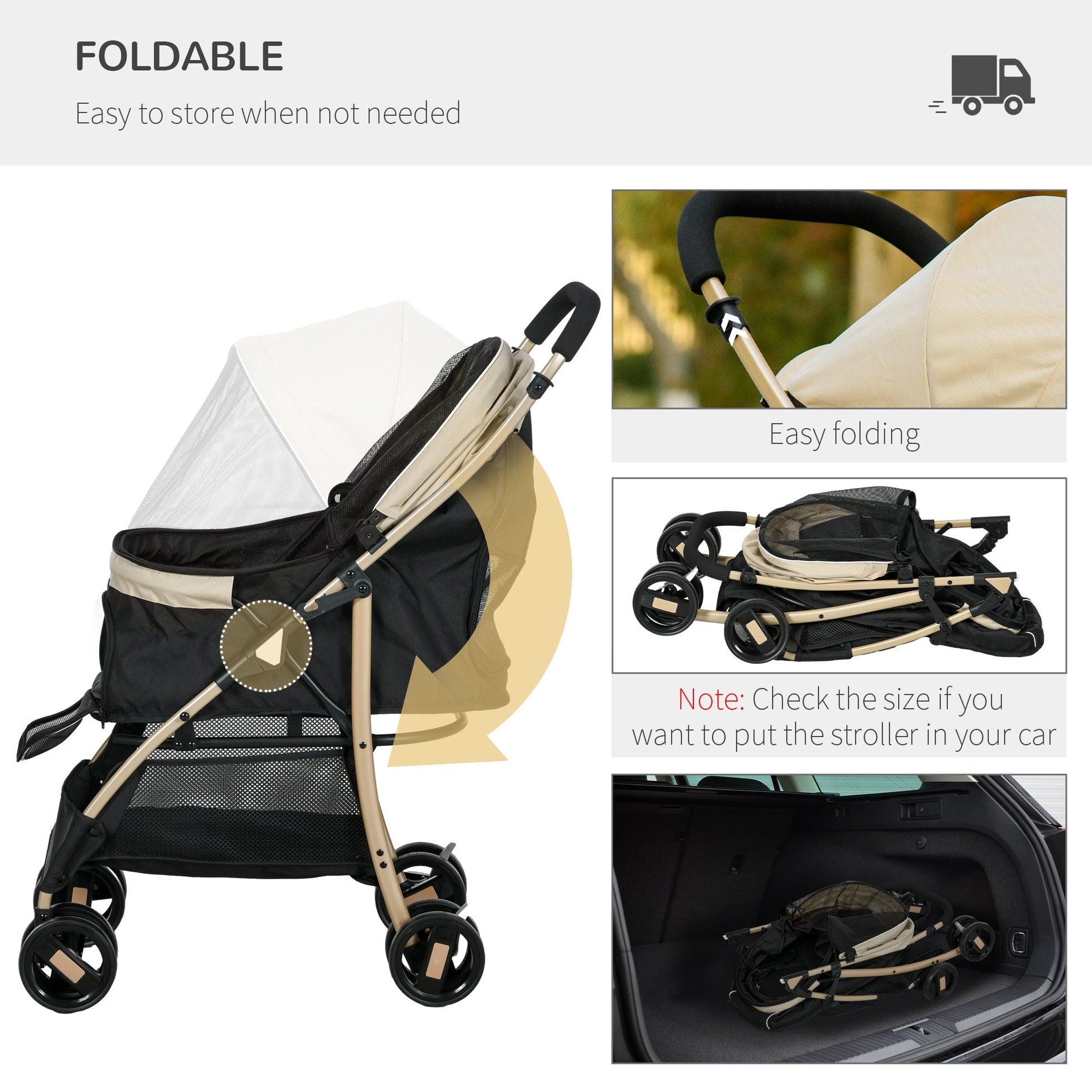 Dog Stroller with Rain Cover, Foldable Dog Pram, 4 Wheels Pet Pushchair with Safety Leashes, for Small, Miniature Dogs, Cats - Khaki
