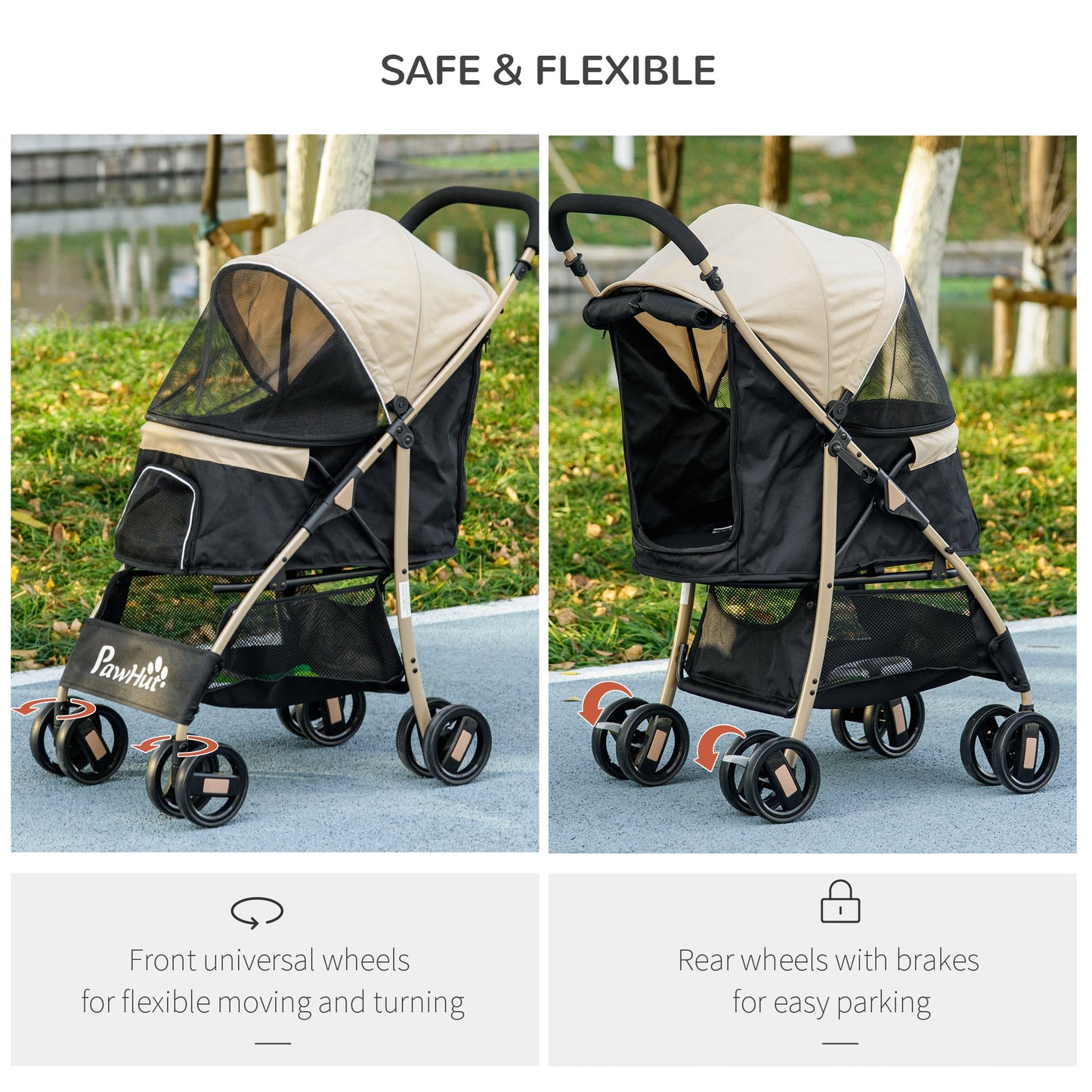 Dog Stroller with Rain Cover, Foldable Dog Pram, 4 Wheels Pet Pushchair with Safety Leashes, for Small, Miniature Dogs, Cats - Khaki