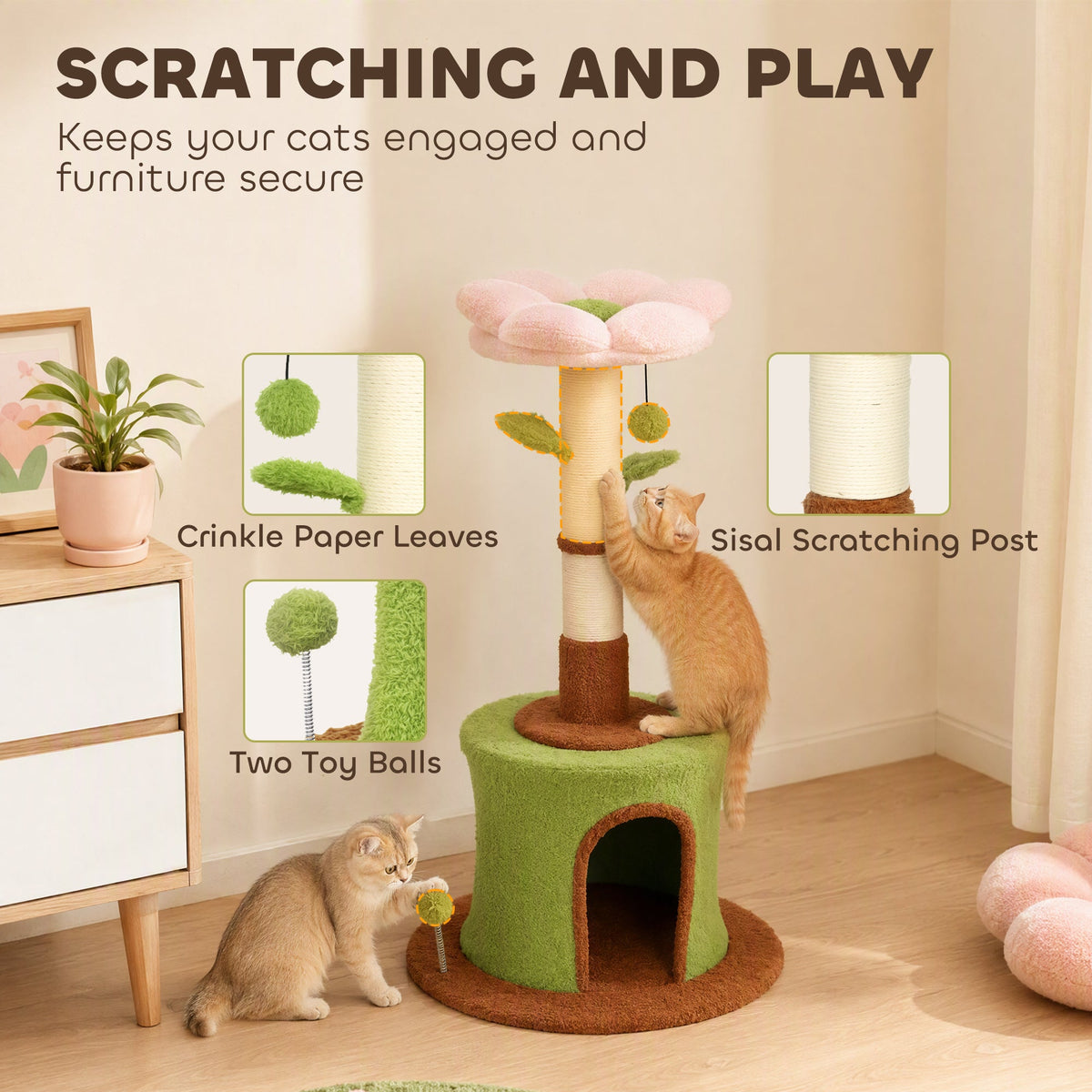 Cat Tree for Indoor Kittens, 88cm Flower Cat Tower with Condo & Bed, Scratching Post, 2 Toy Balls and 2 Crinkle Leaves, Kitty Activity Centre for Playing and Resting