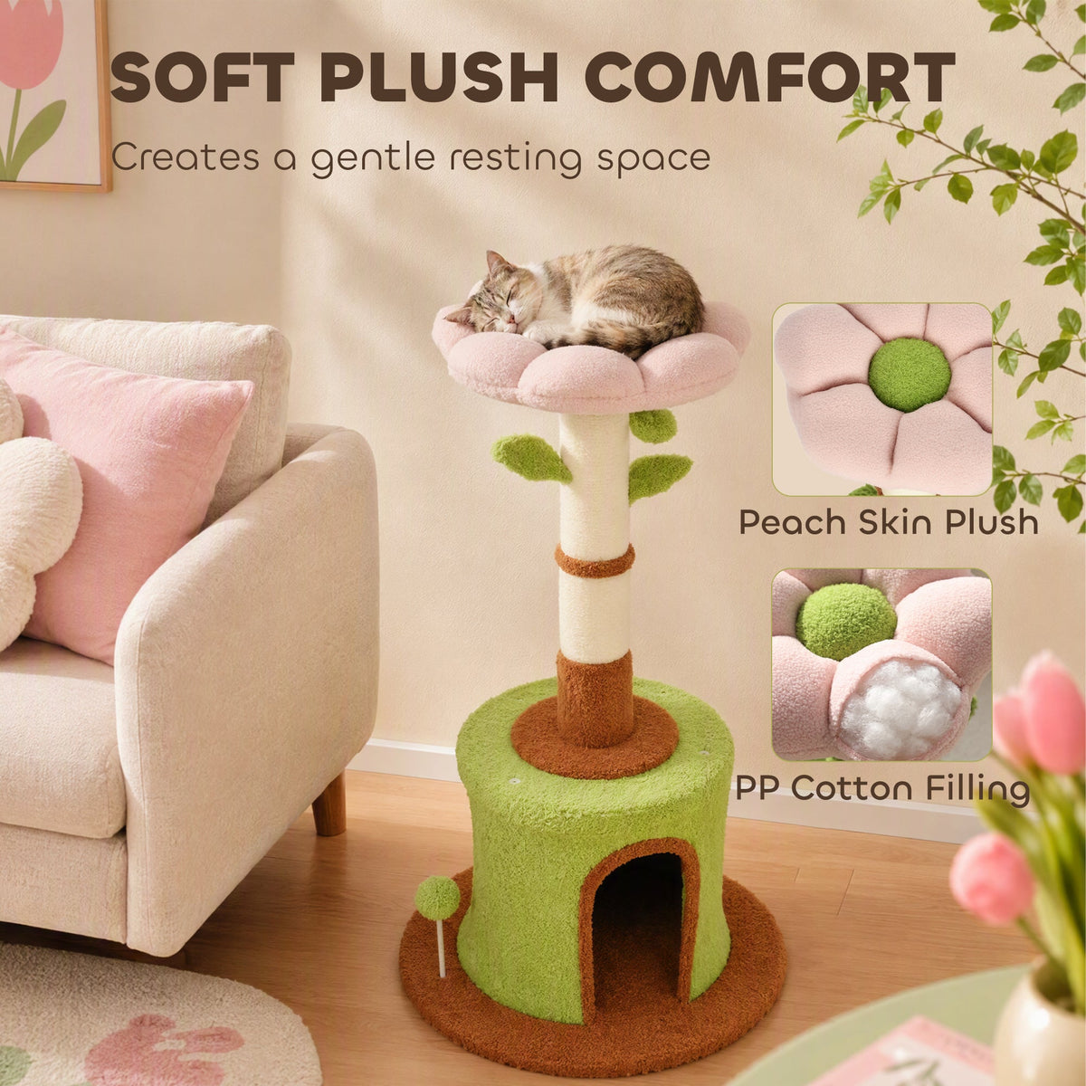 Cat Tree for Indoor Kittens, 88cm Flower Cat Tower with Condo & Bed, Scratching Post, 2 Toy Balls and 2 Crinkle Leaves, Kitty Activity Centre for Playing and Resting