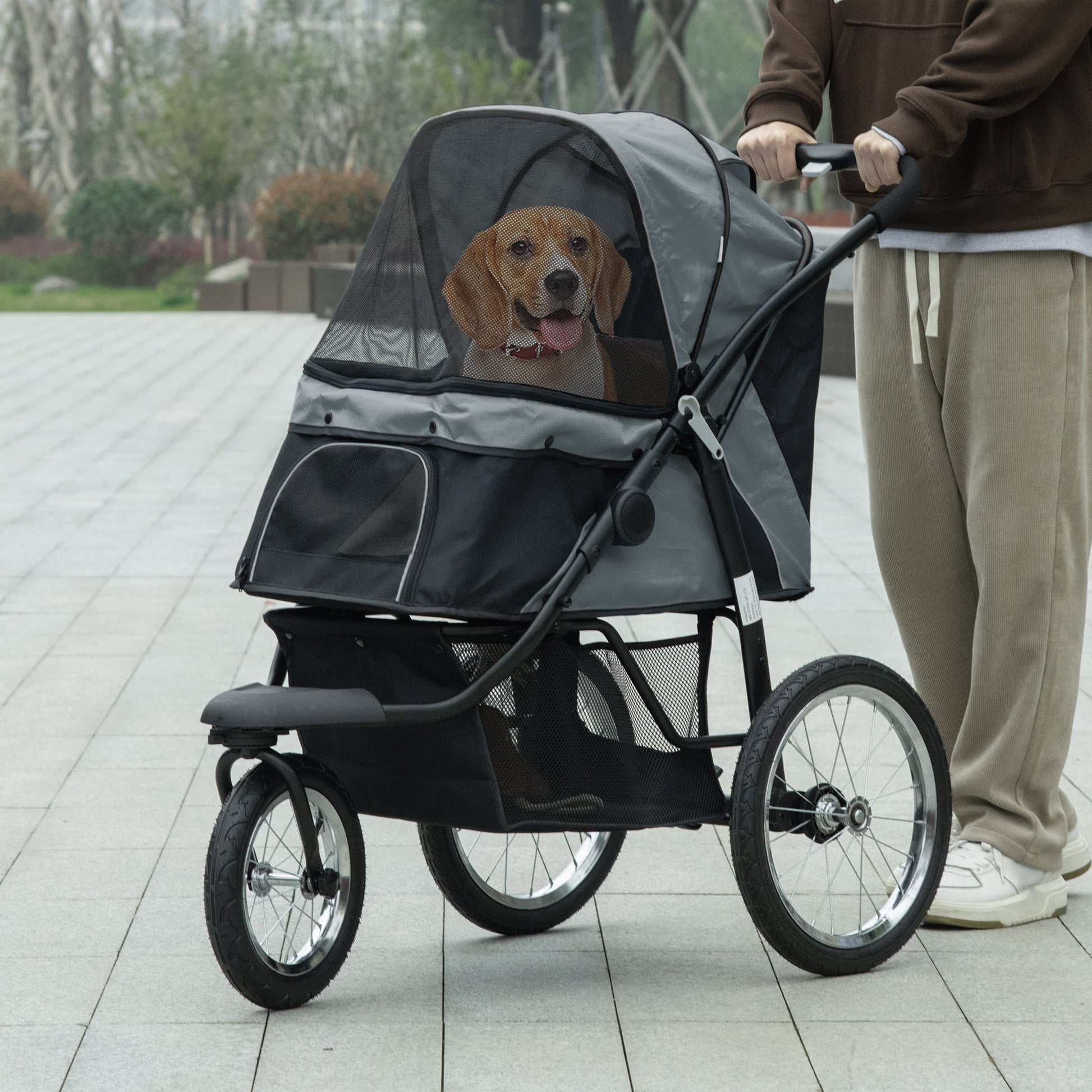 Dog Pram Dog Stroller Jogger Foldable Pet Pushchair for Medium, Small Dogs, w/ Rubber Wheels, Washable Cushion - Grey