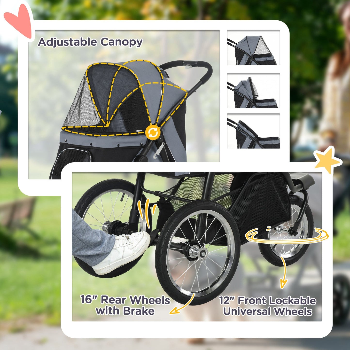 Dog Pram Dog Stroller Jogger Foldable Pet Pushchair for Medium, Small Dogs, w/ Rubber Wheels, Washable Cushion - Grey