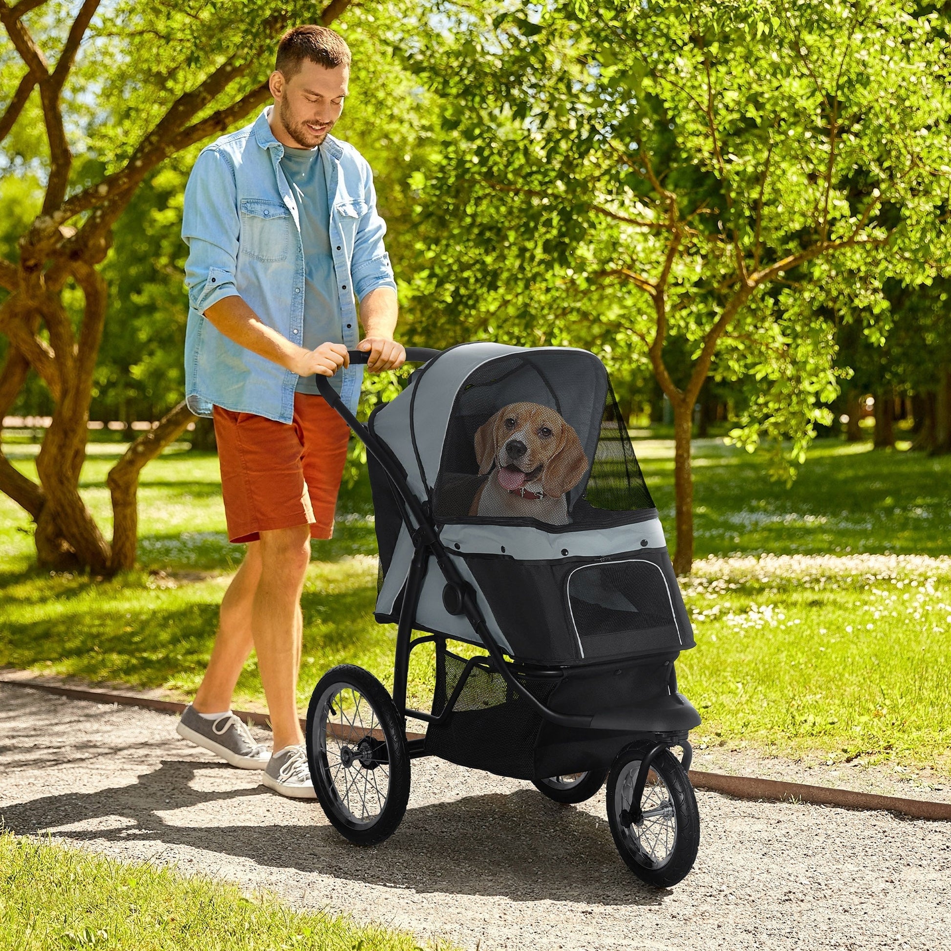 Dog Pram Dog Stroller Jogger Foldable Pet Pushchair for Medium, Small Dogs, w/ Rubber Wheels, Washable Cushion - Grey