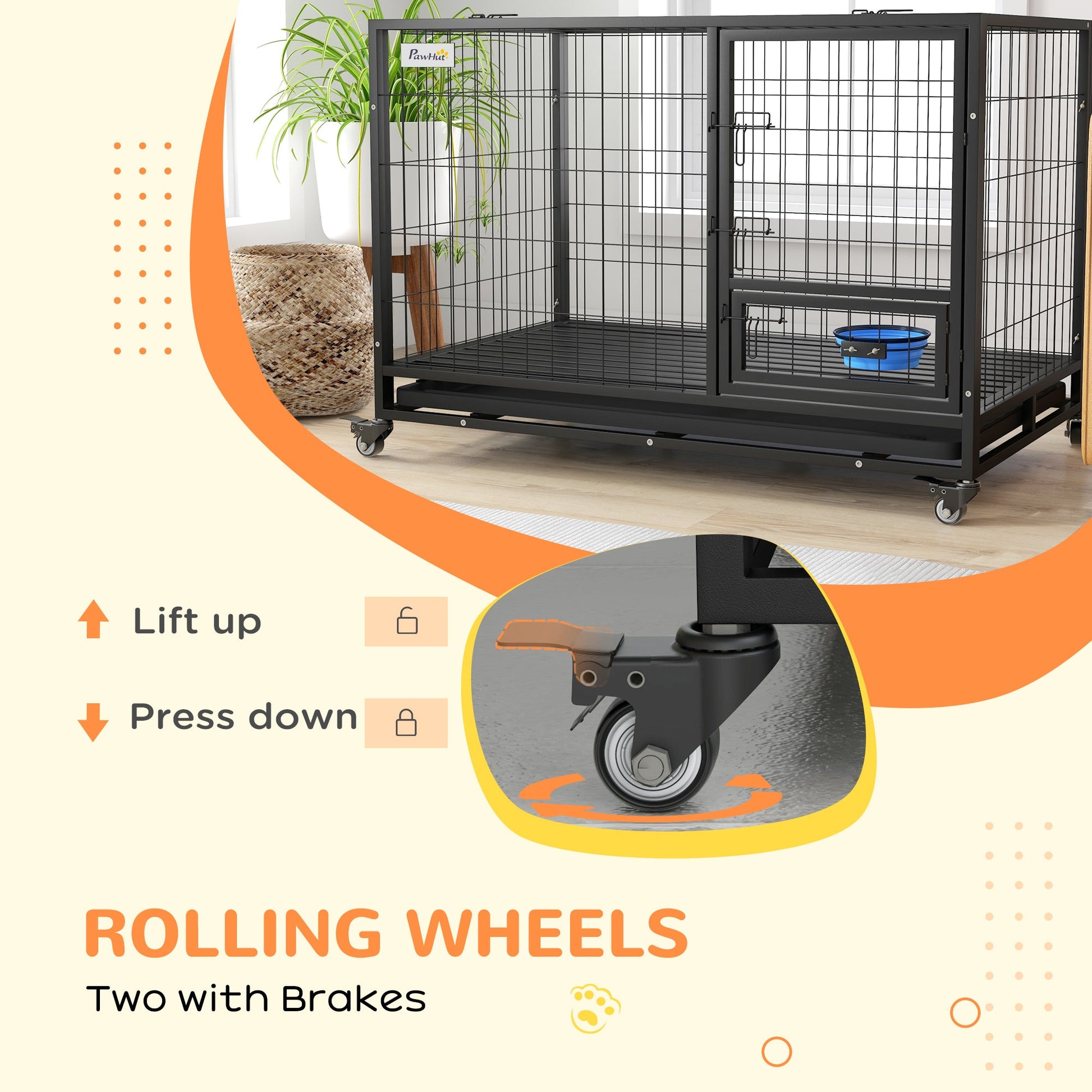 48" Heavy Duty Dog Crate with Bowl Holder, Dog Cage on Wheels with Removable Tray, Openable Top, Detachable Door, Indoor Outdoor Use, for Large and Extra Large Dogs - Black