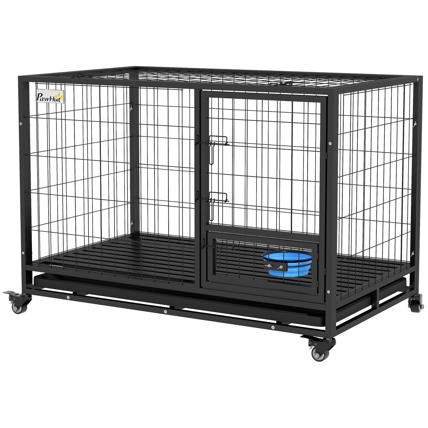 48" Heavy Duty Dog Crate with Bowl Holder, Dog Cage on Wheels with Removable Tray, Openable Top, Detachable Door, Indoor Outdoor Use, for Large and Extra Large Dogs - Black