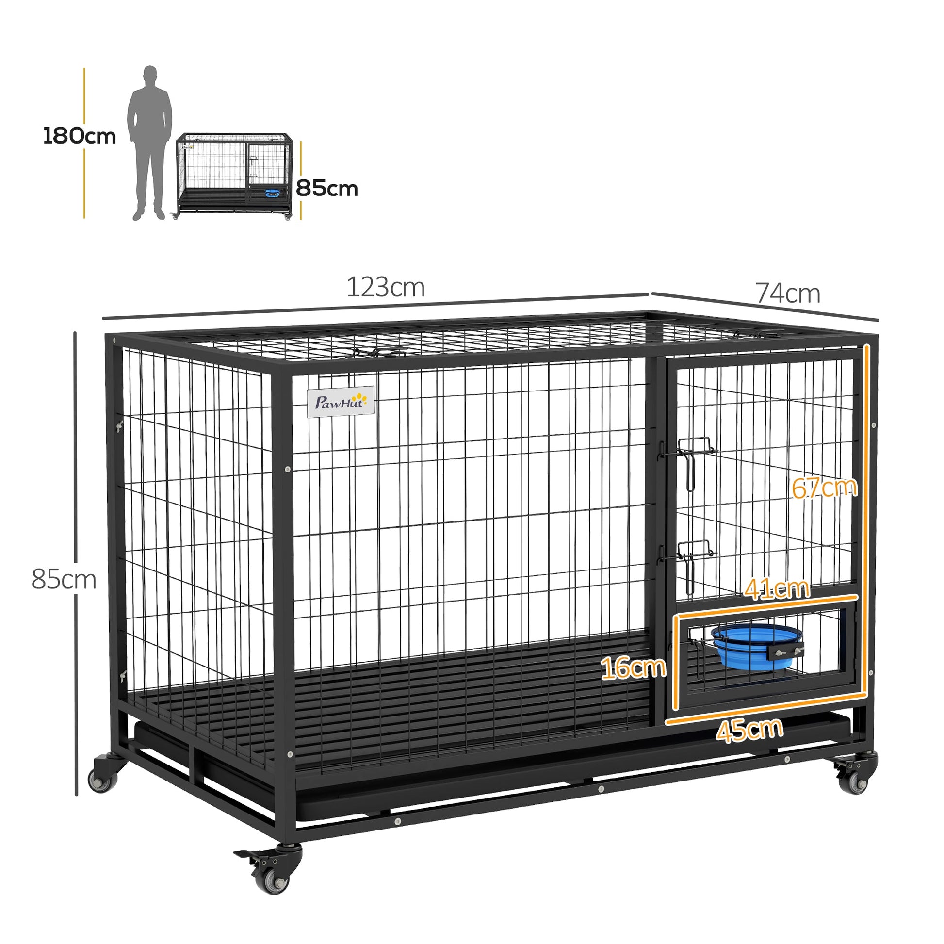 48" Heavy Duty Dog Crate with Bowl Holder, Dog Cage on Wheels with Removable Tray, Openable Top, Detachable Door, Indoor Outdoor Use, for Large and Extra Large Dogs - Black