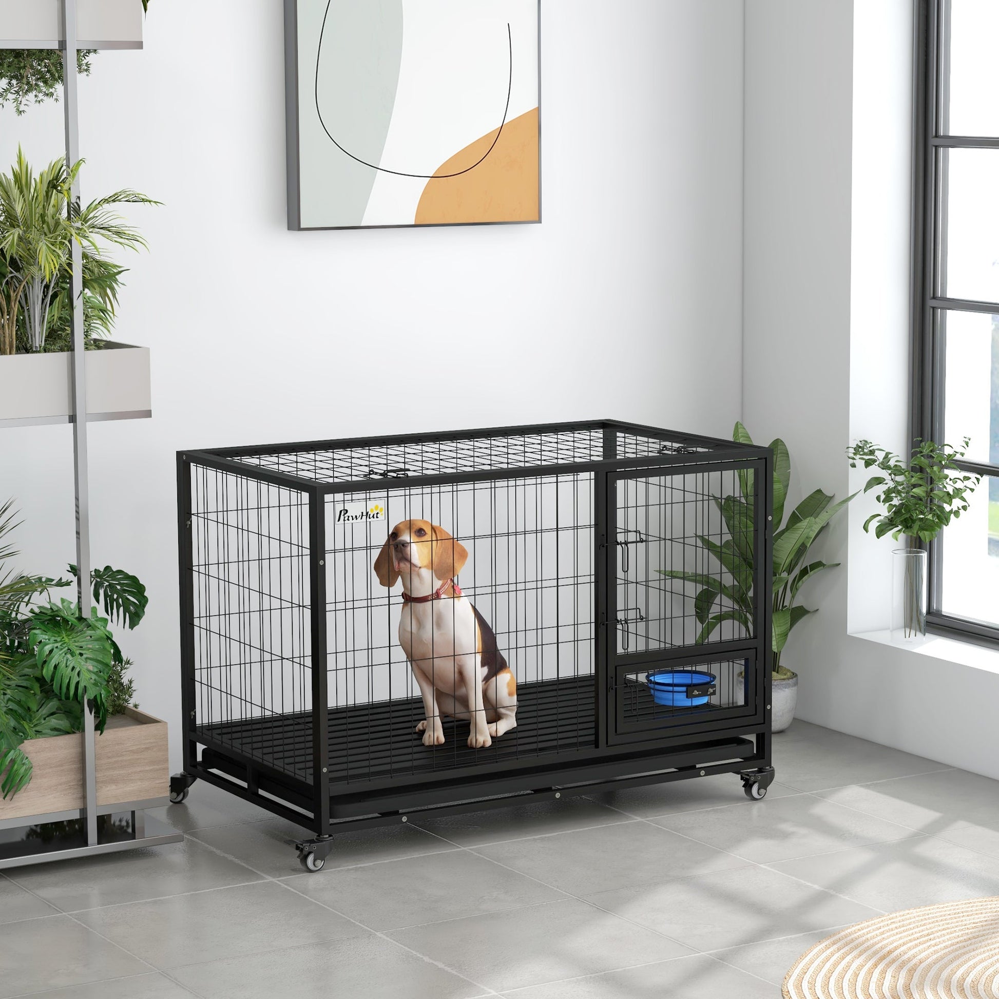 48" Heavy Duty Dog Crate with Bowl Holder, Dog Cage on Wheels with Removable Tray, Openable Top, Detachable Door, Indoor Outdoor Use, for Large and Extra Large Dogs - Black