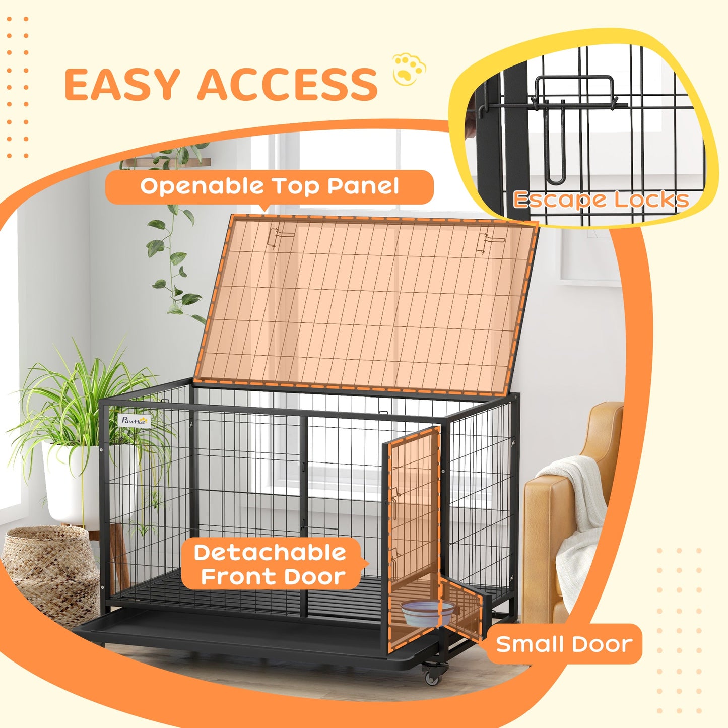 48" Heavy Duty Dog Crate with Bowl Holder, Dog Cage on Wheels with Removable Tray, Openable Top, Detachable Door, Indoor Outdoor Use, for Large and Extra Large Dogs - Black