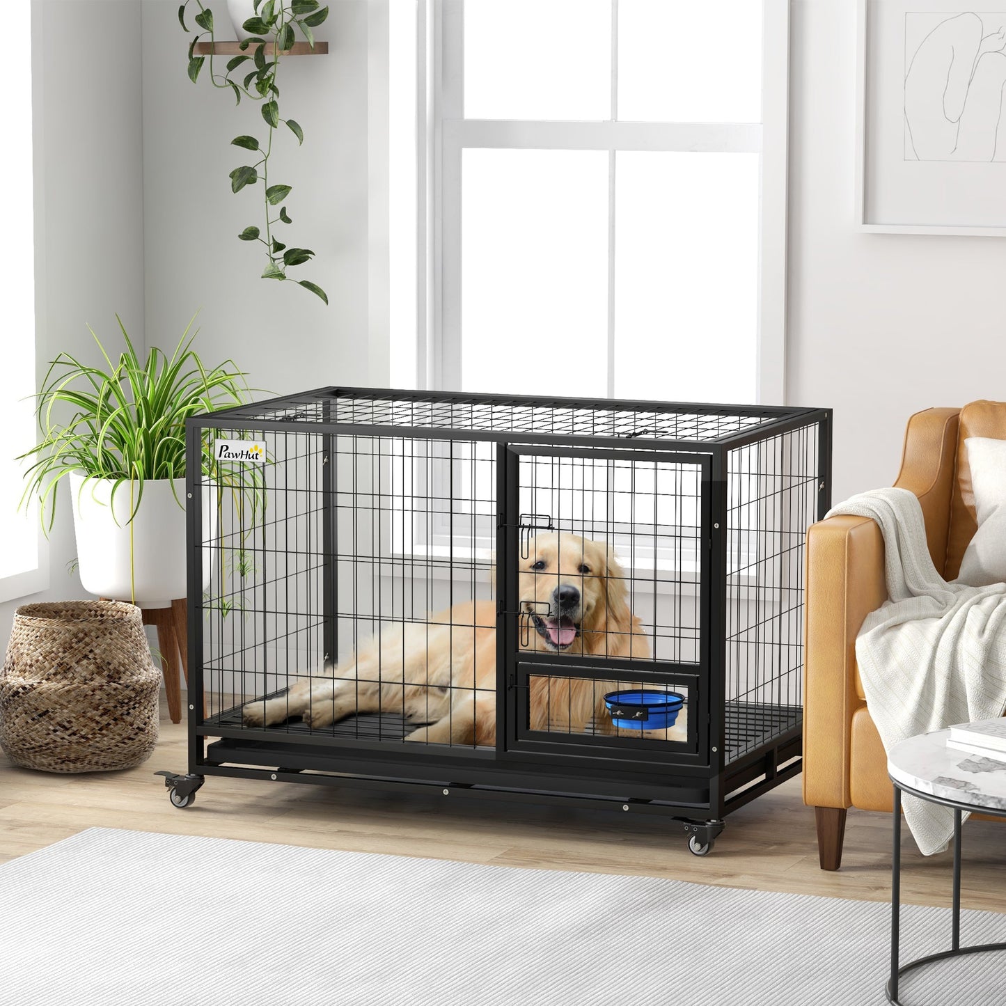 48" Heavy Duty Dog Crate with Bowl Holder, Dog Cage on Wheels with Removable Tray, Openable Top, Detachable Door, Indoor Outdoor Use, for Large and Extra Large Dogs - Black