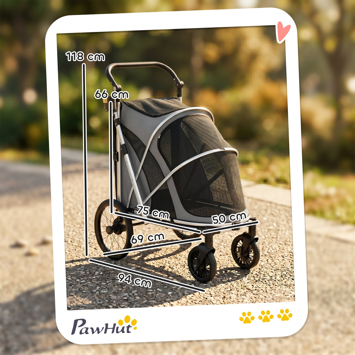 Dog Stroller, Pet Stroller for Small and Medium Dogs, Foldable Puppy Pram Pet Pushchair with 2 Big Wheels, Shock-Absorbing Frame, Seat Leashes, Brakes, Maximum Load 20 kg, Grey