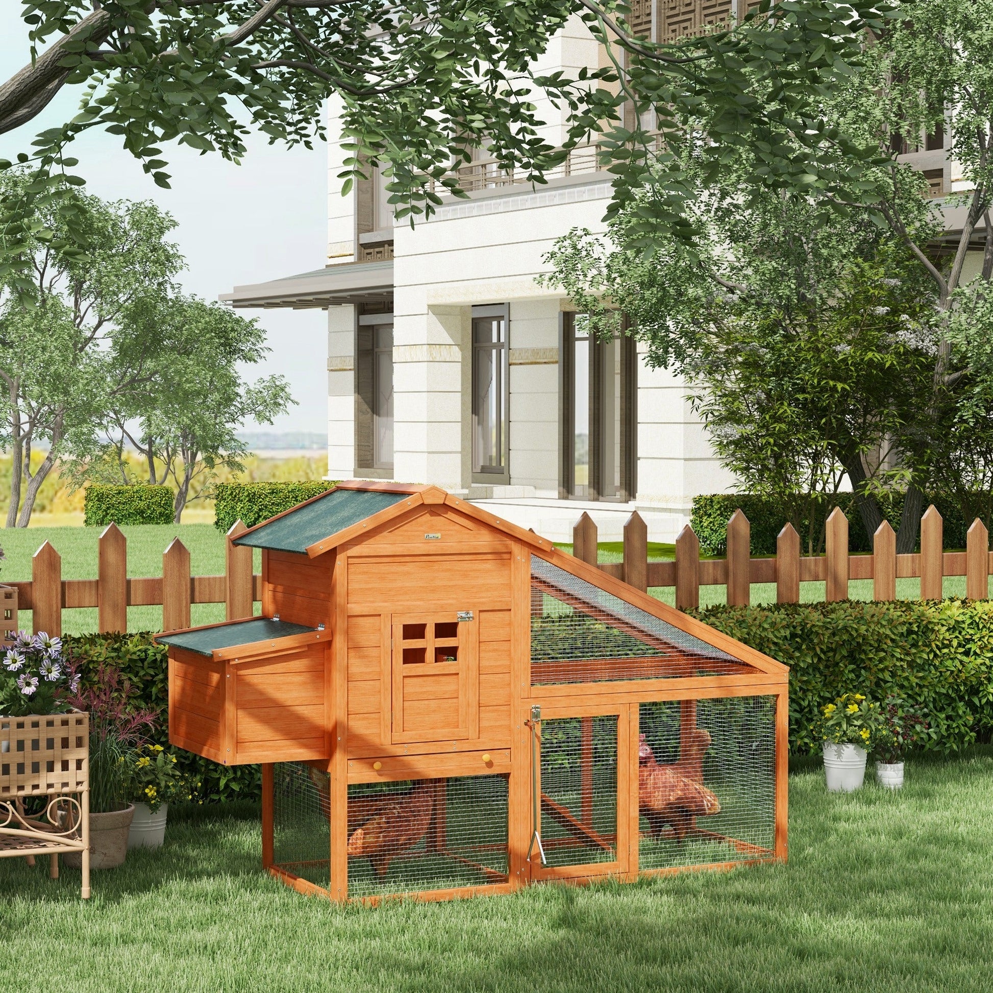 Chicken Coop with Run Outdoor, Wooden Hen House, Poultry Coop with Nesting Box, Slide-out Tray, Ramp, Perches, Asphalt Roof, 179 x 67 x 115cm