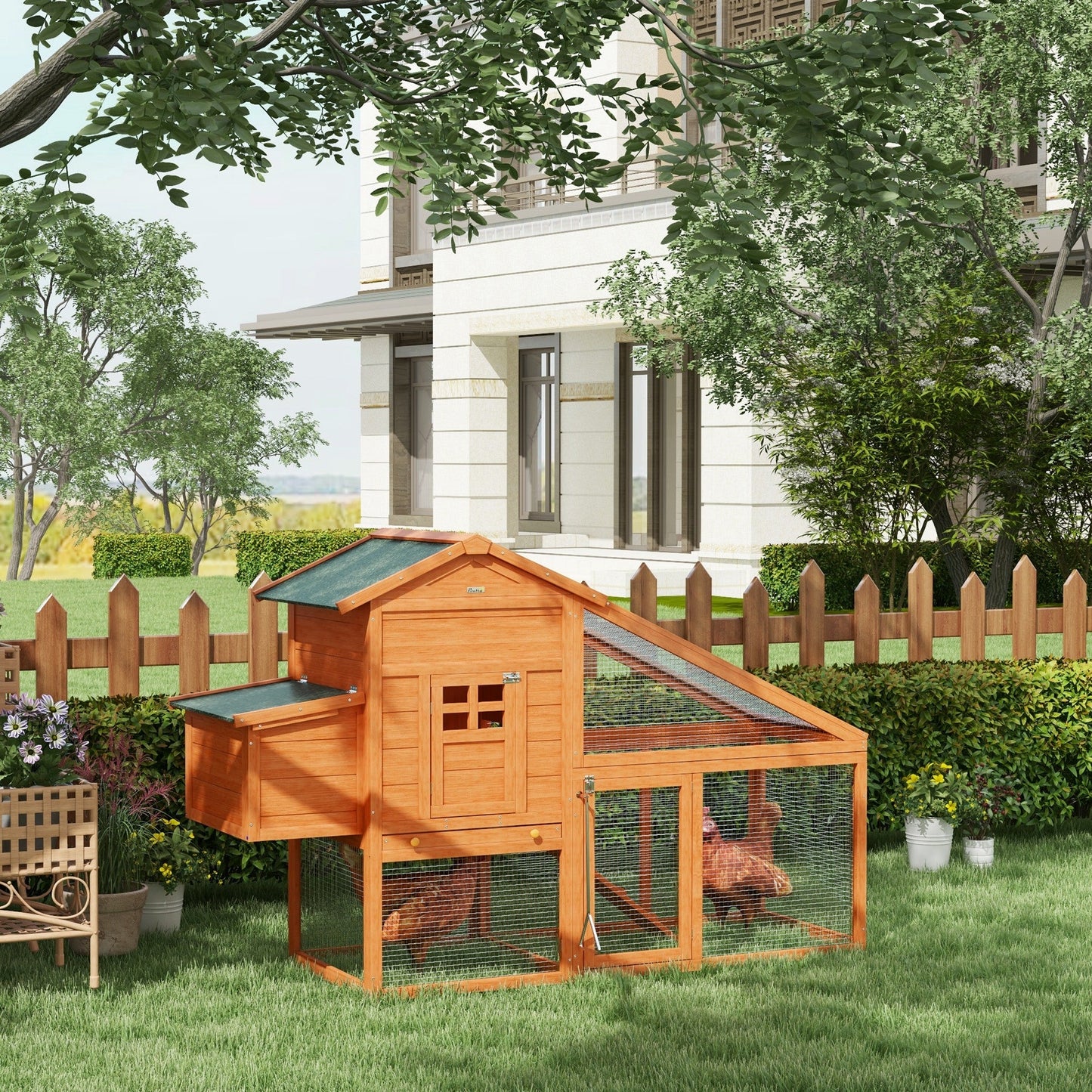 Chicken Coop with Run Outdoor, Wooden Hen House, Poultry Coop with Nesting Box, Slide-out Tray, Ramp, Perches, Asphalt Roof, 179 x 67 x 115cm