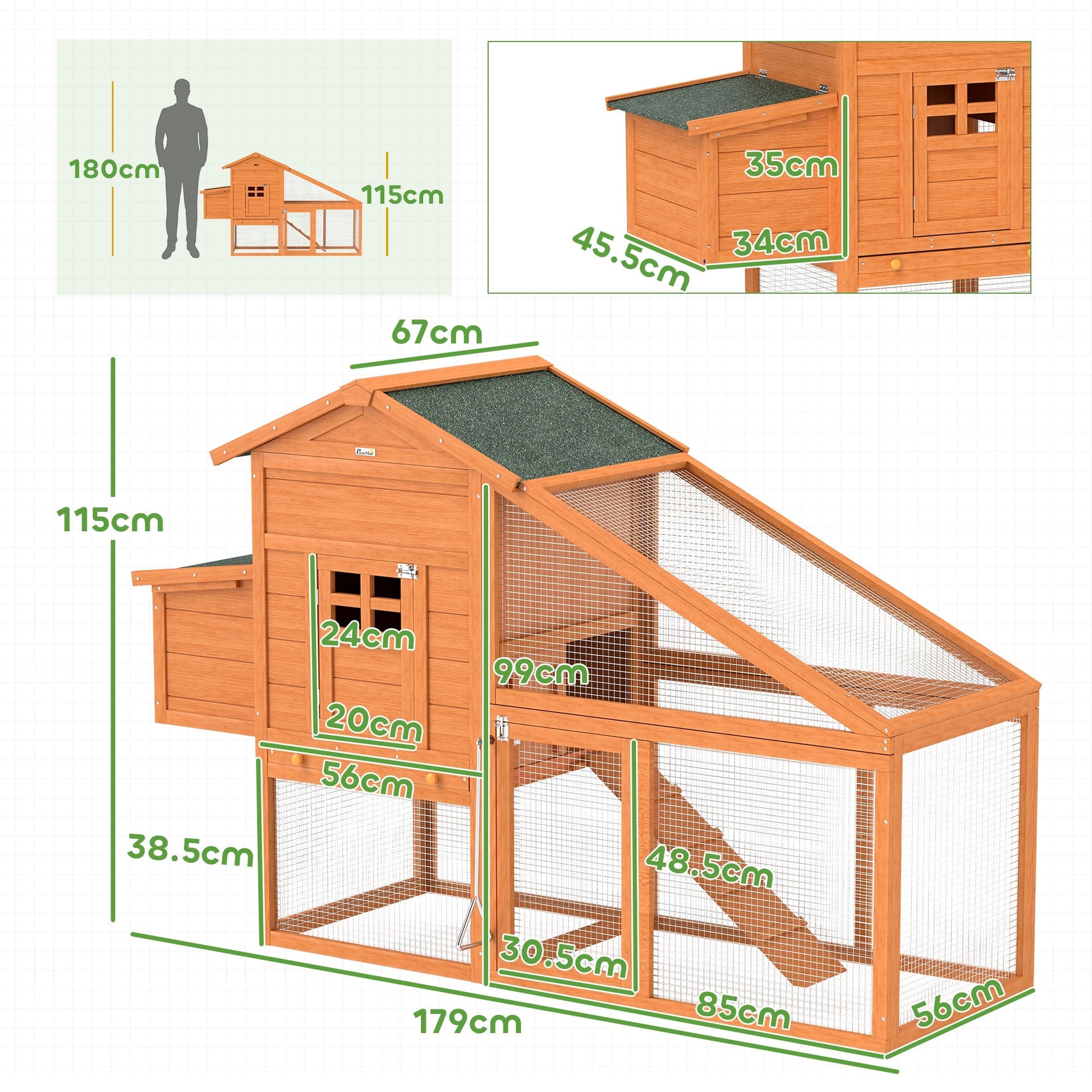 Chicken Coop with Run Outdoor, Wooden Hen House, Poultry Coop with Nesting Box, Slide-out Tray, Ramp, Perches, Asphalt Roof, 179 x 67 x 115cm