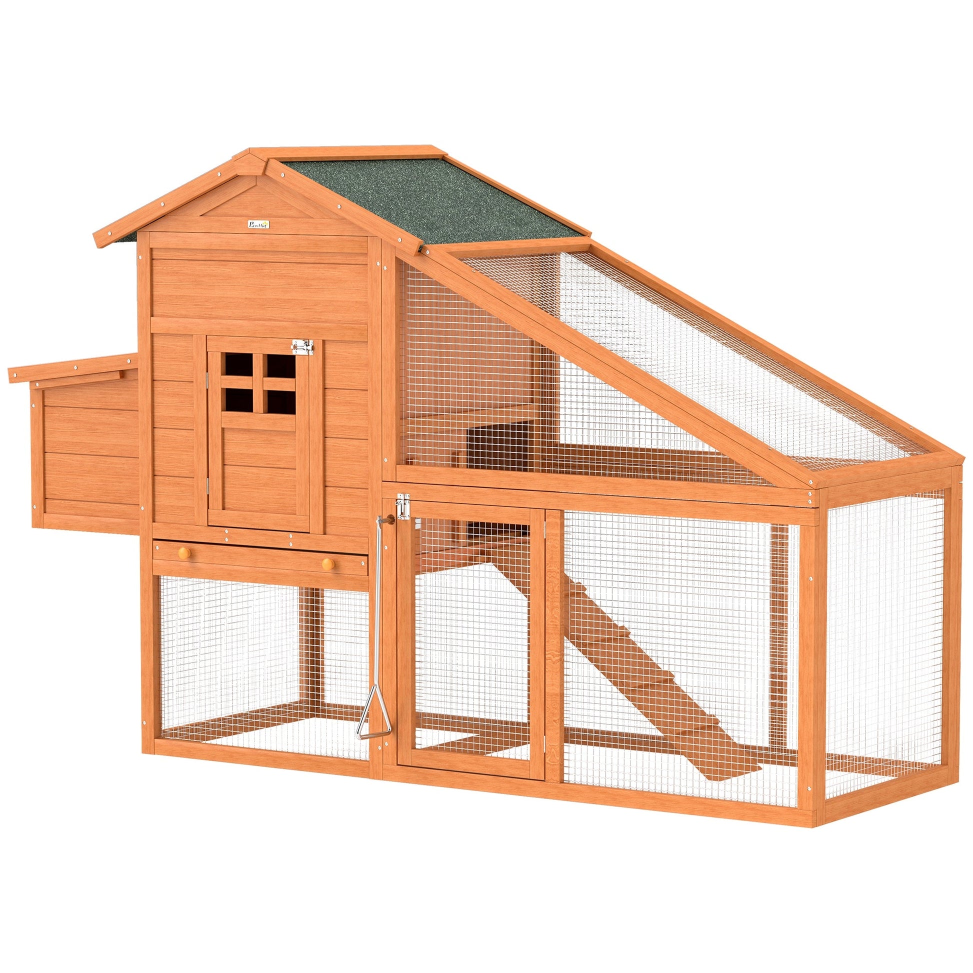 Chicken Coop with Run Outdoor, Wooden Hen House, Poultry Coop with Nesting Box, Slide-out Tray, Ramp, Perches, Asphalt Roof, 179 x 67 x 115cm