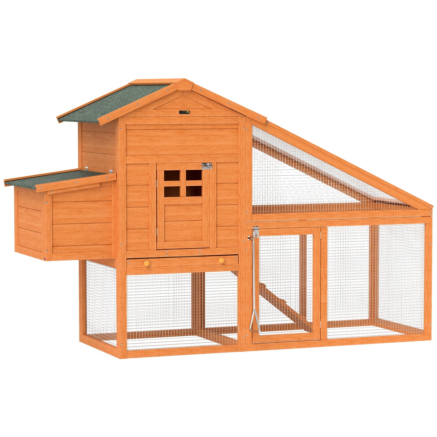 Chicken Coop with Run Outdoor, Wooden Hen House, Poultry Coop with Nesting Box, Slide-out Tray, Ramp, Perches, Asphalt Roof, 179 x 67 x 115cm