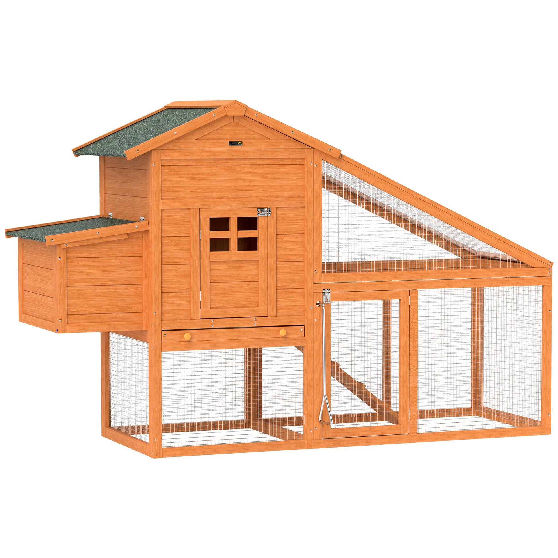 Chicken Coop with Run Outdoor, Wooden Hen House, Poultry Coop with Nesting Box, Slide-out Tray, Ramp, Perches, Asphalt Roof, 179 x 67 x 115cm
