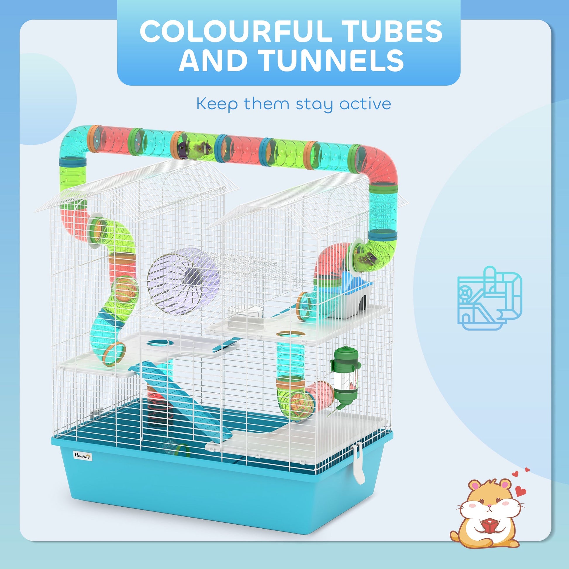 4 Tier Hamster Cage with Tube, Exercise Wheel, Hut, Water Bottle, Food Dish, Ramps, DIY Design, Large Hamster Cage for Dwarf, Light Blue