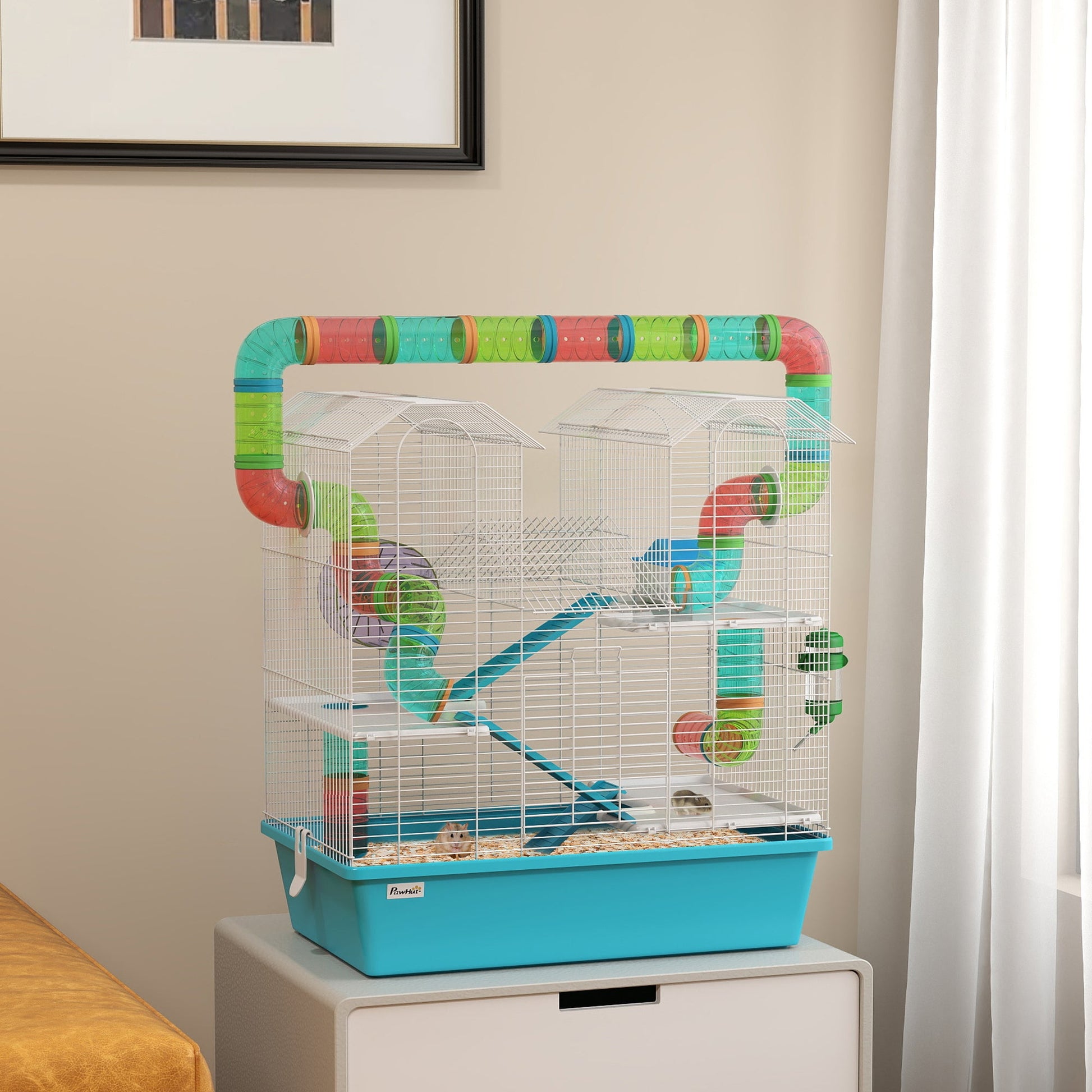 4 Tier Hamster Cage with Tube, Exercise Wheel, Hut, Water Bottle, Food Dish, Ramps, DIY Design, Large Hamster Cage for Dwarf, Light Blue