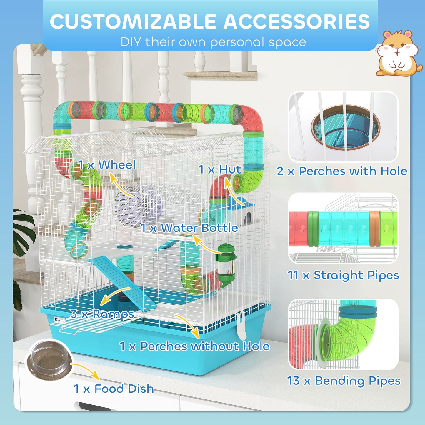 4 Tier Hamster Cage with Tube, Exercise Wheel, Hut, Water Bottle, Food Dish, Ramps, DIY Design, Large Hamster Cage for Dwarf, Light Blue