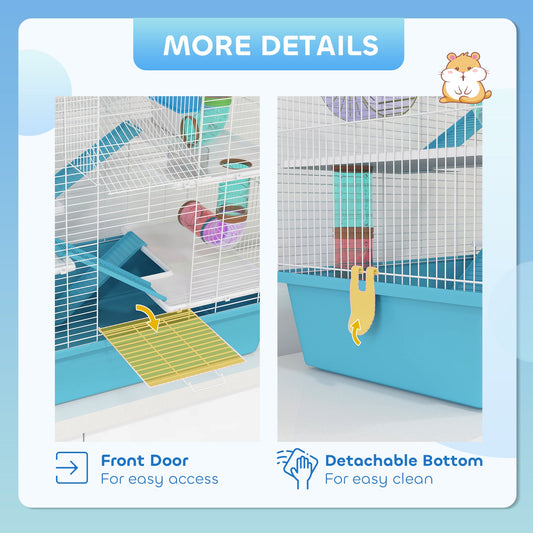 4 Tier Hamster Cage with Tube, Exercise Wheel, Hut, Water Bottle, Food Dish, Ramps, DIY Design, Large Hamster Cage for Dwarf, Light Blue
