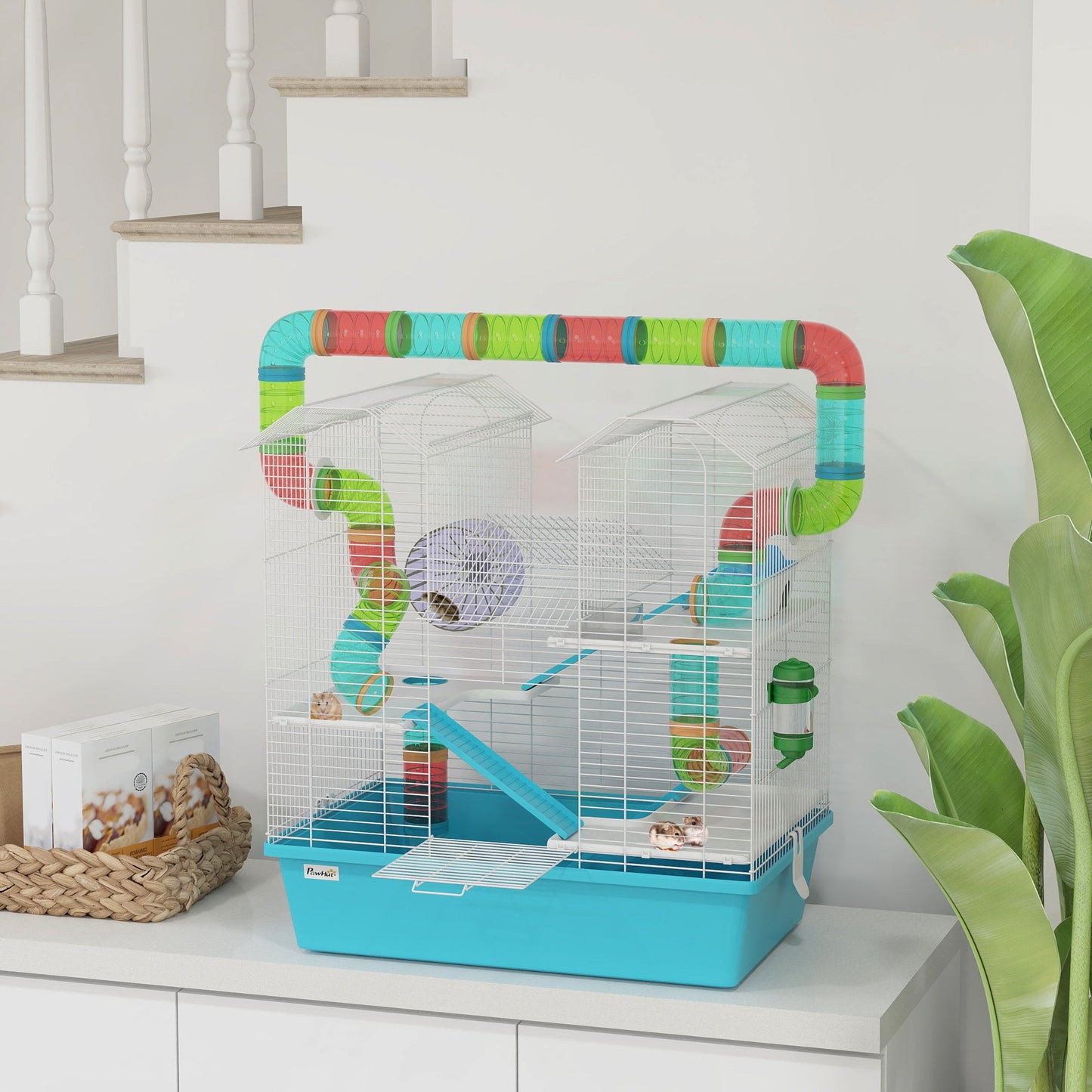 4 Tier Hamster Cage with Tube, Exercise Wheel, Hut, Water Bottle, Food Dish, Ramps, DIY Design, Large Hamster Cage for Dwarf, Light Blue